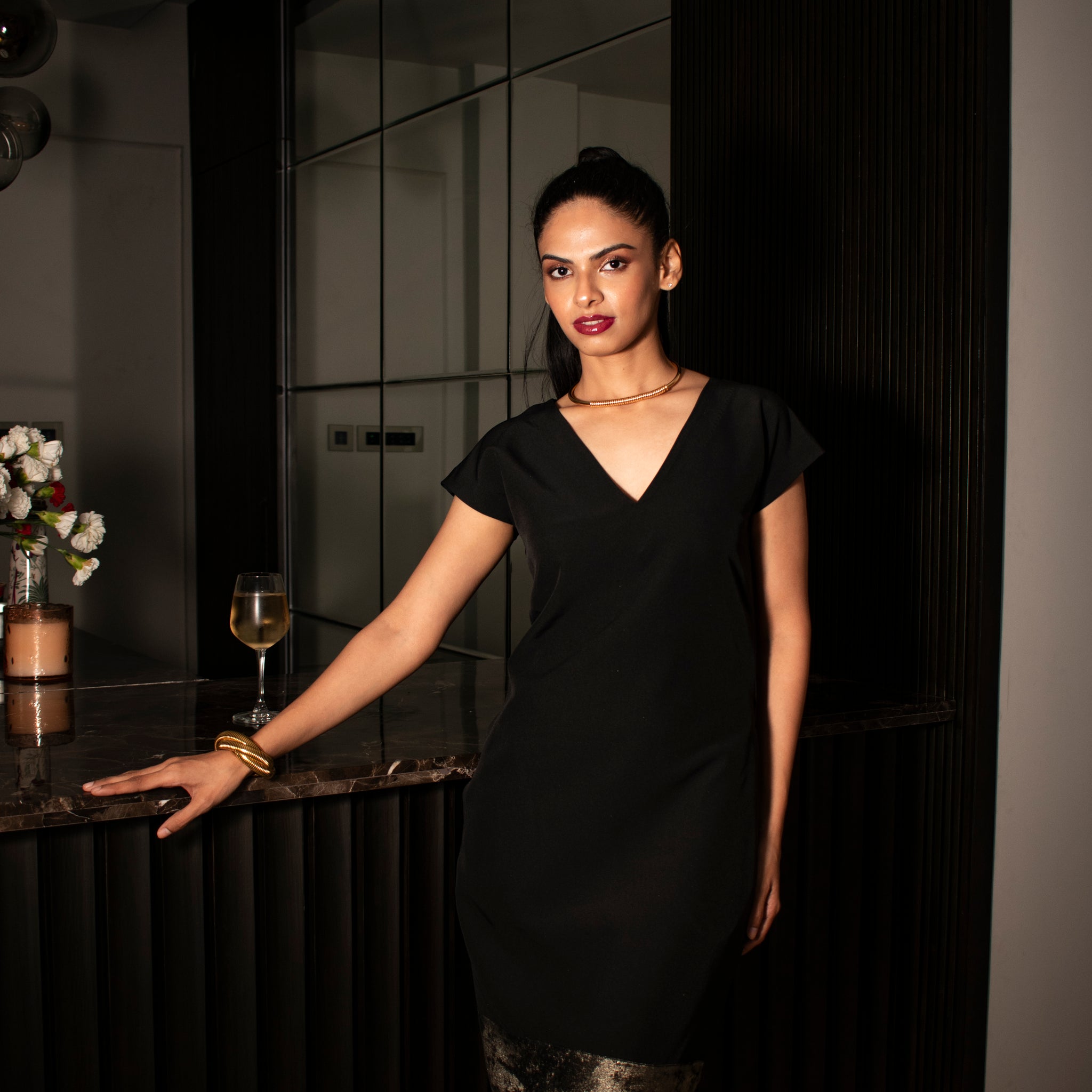 Gold Foil Tailored Midi Dress