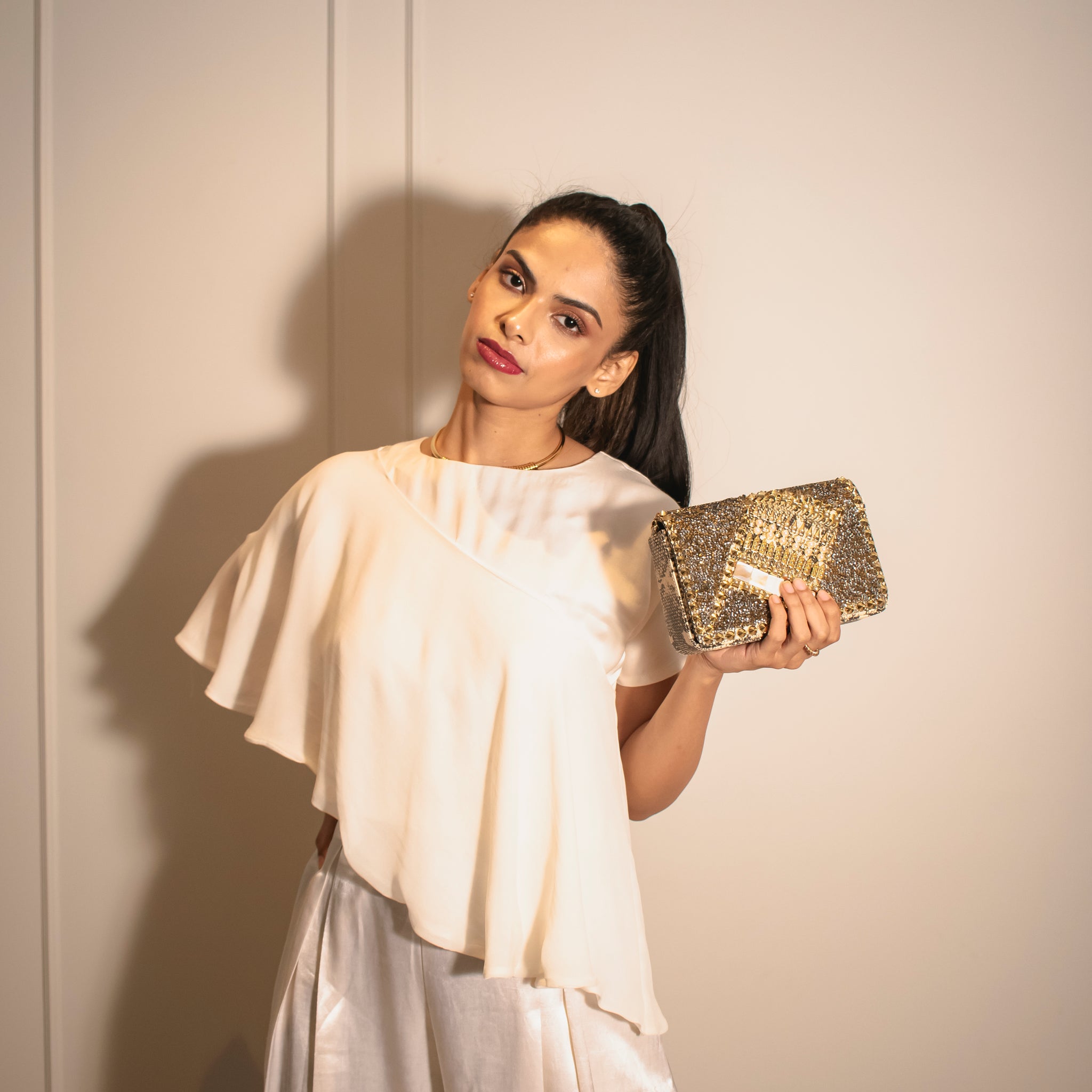 Assymetrical Ruffle Top & Inverted Pleat Flare Pants