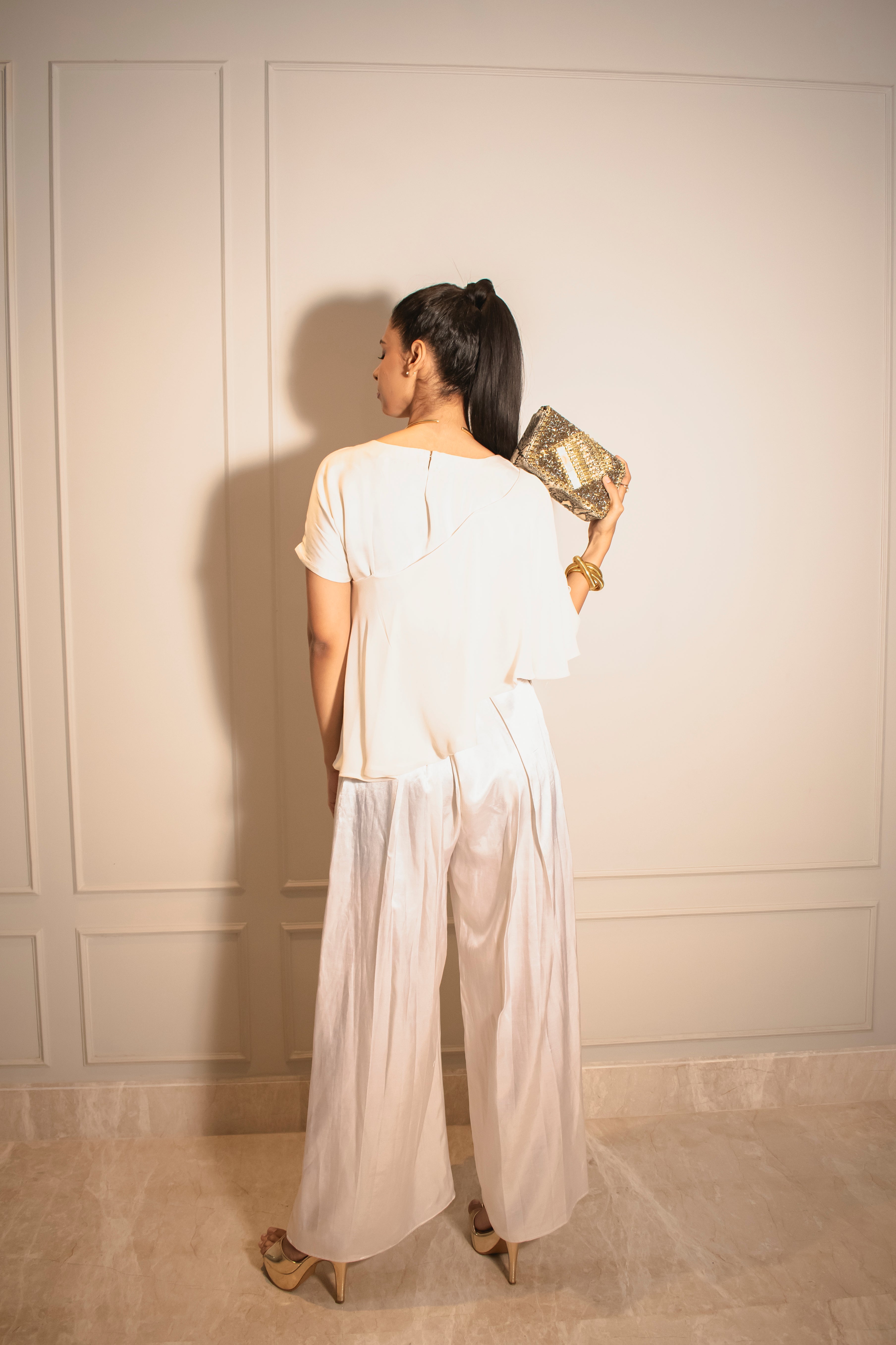 Assymetrical Ruffle Top & Inverted Pleat Flare Pants