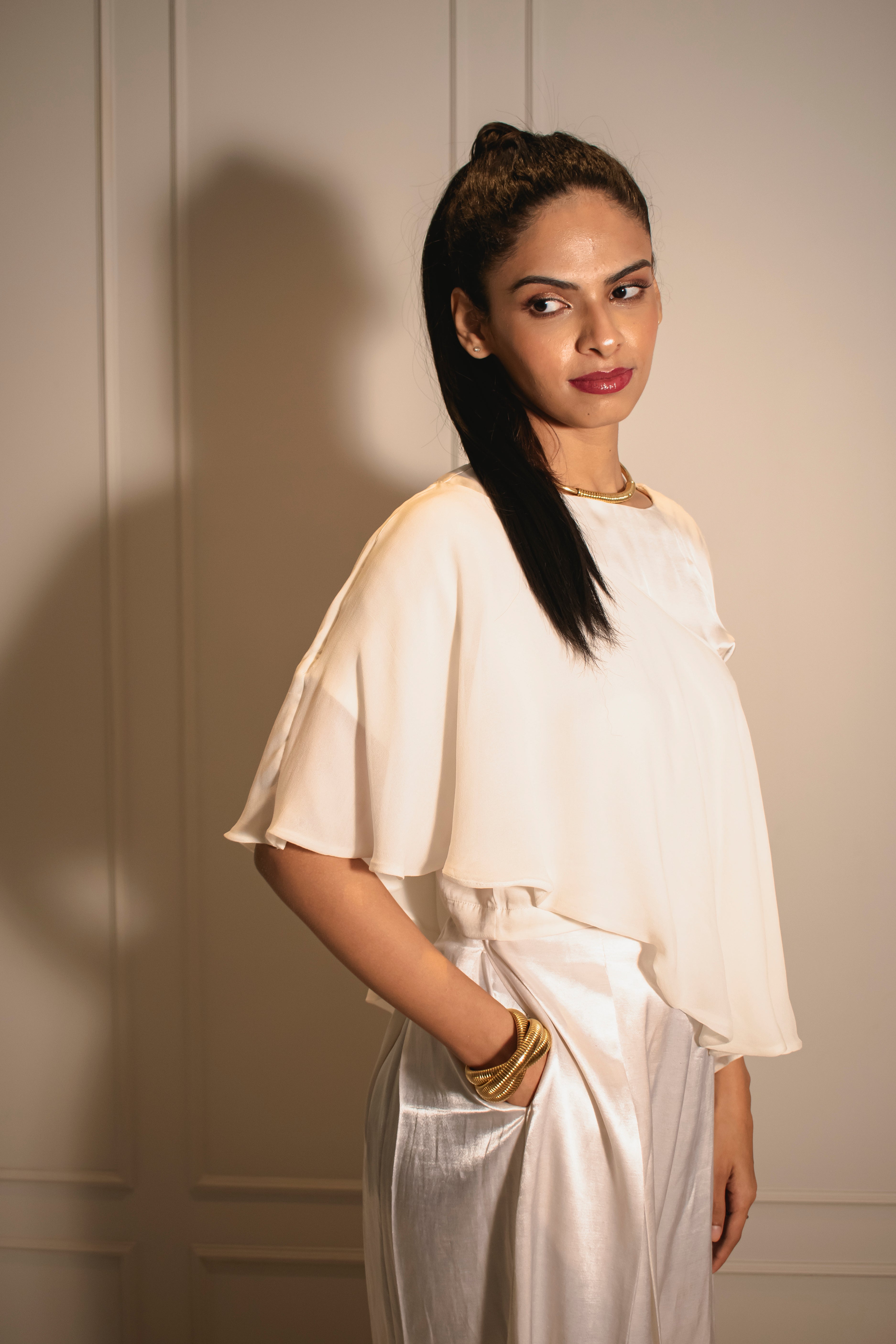 Assymetrical Ruffle Top & Inverted Pleat Flare Pants