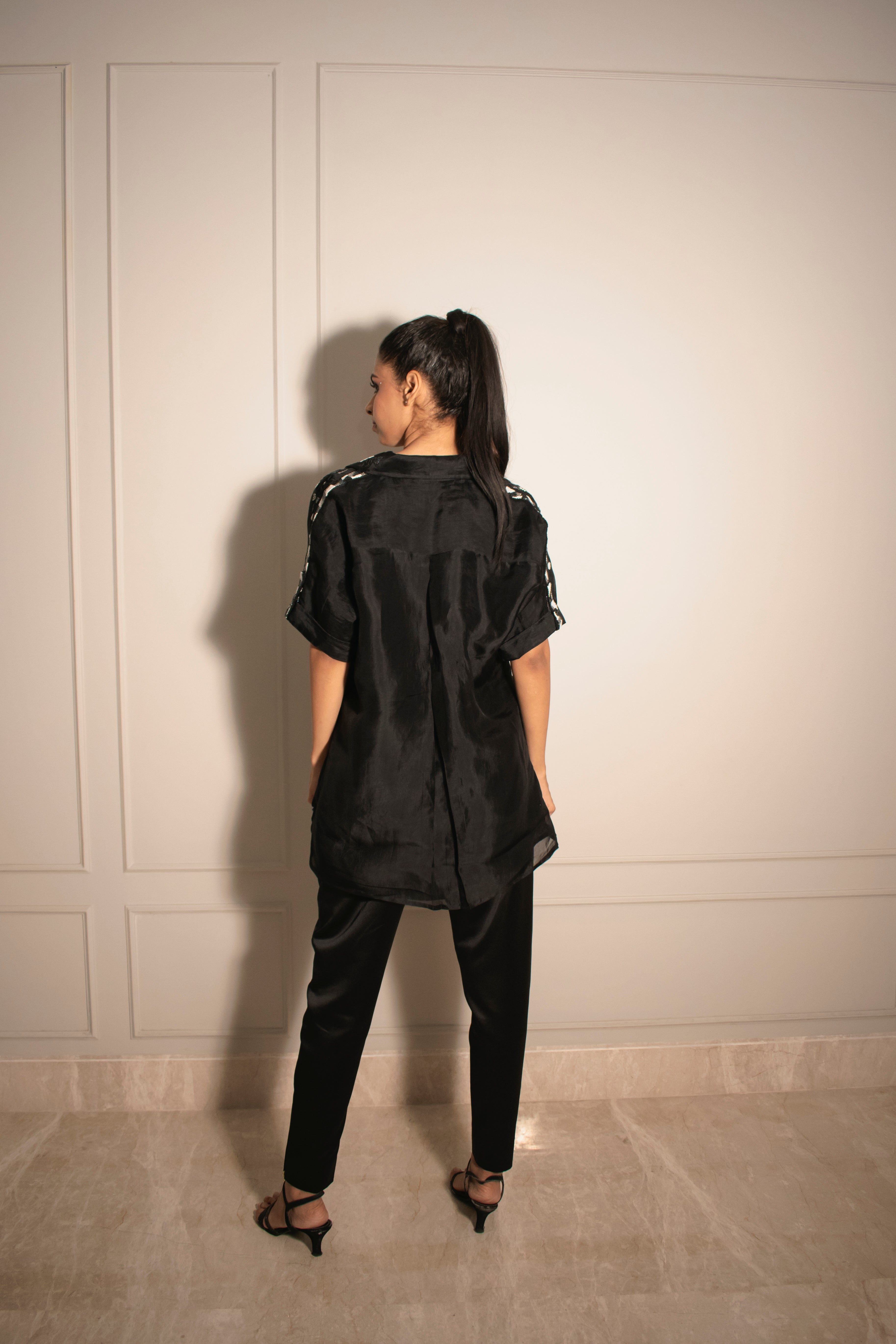 Mosaic Embellished Organza Shirt & Cigarette Pants