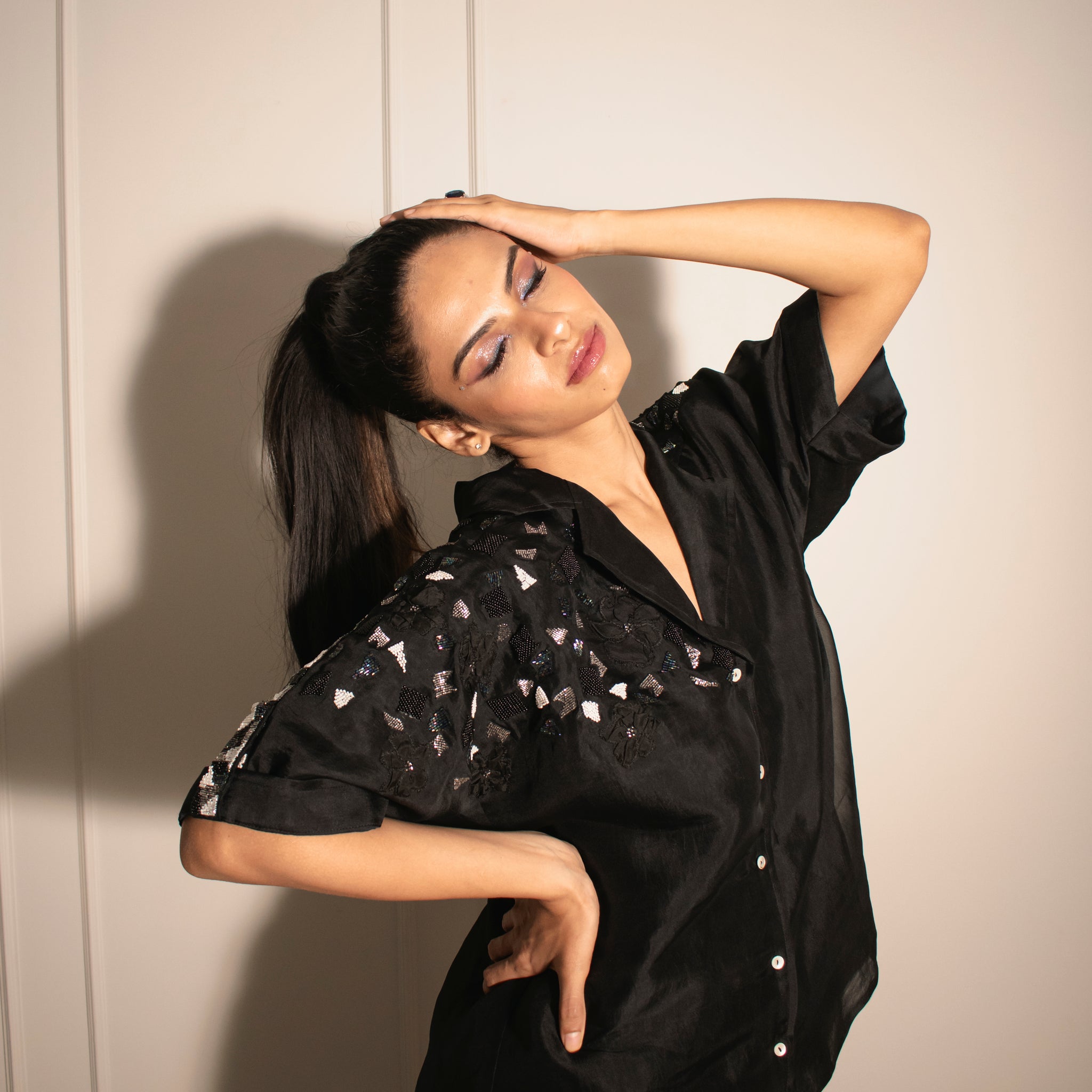 Mosaic Embellished Organza Shirt & Cigarette Pants