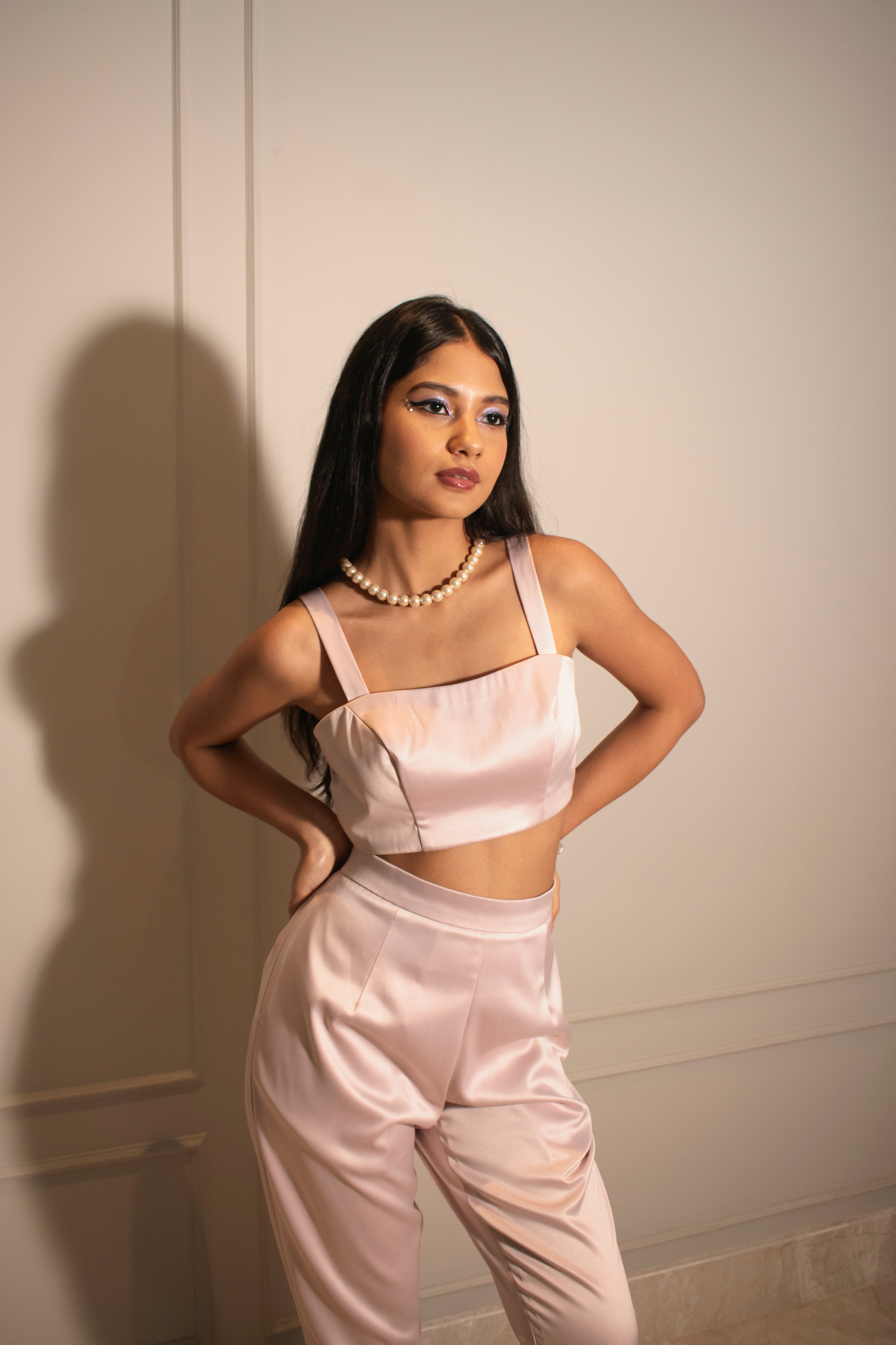 Tube Top, Cigarette Pants & Applique High-low Satin Organza Shirt