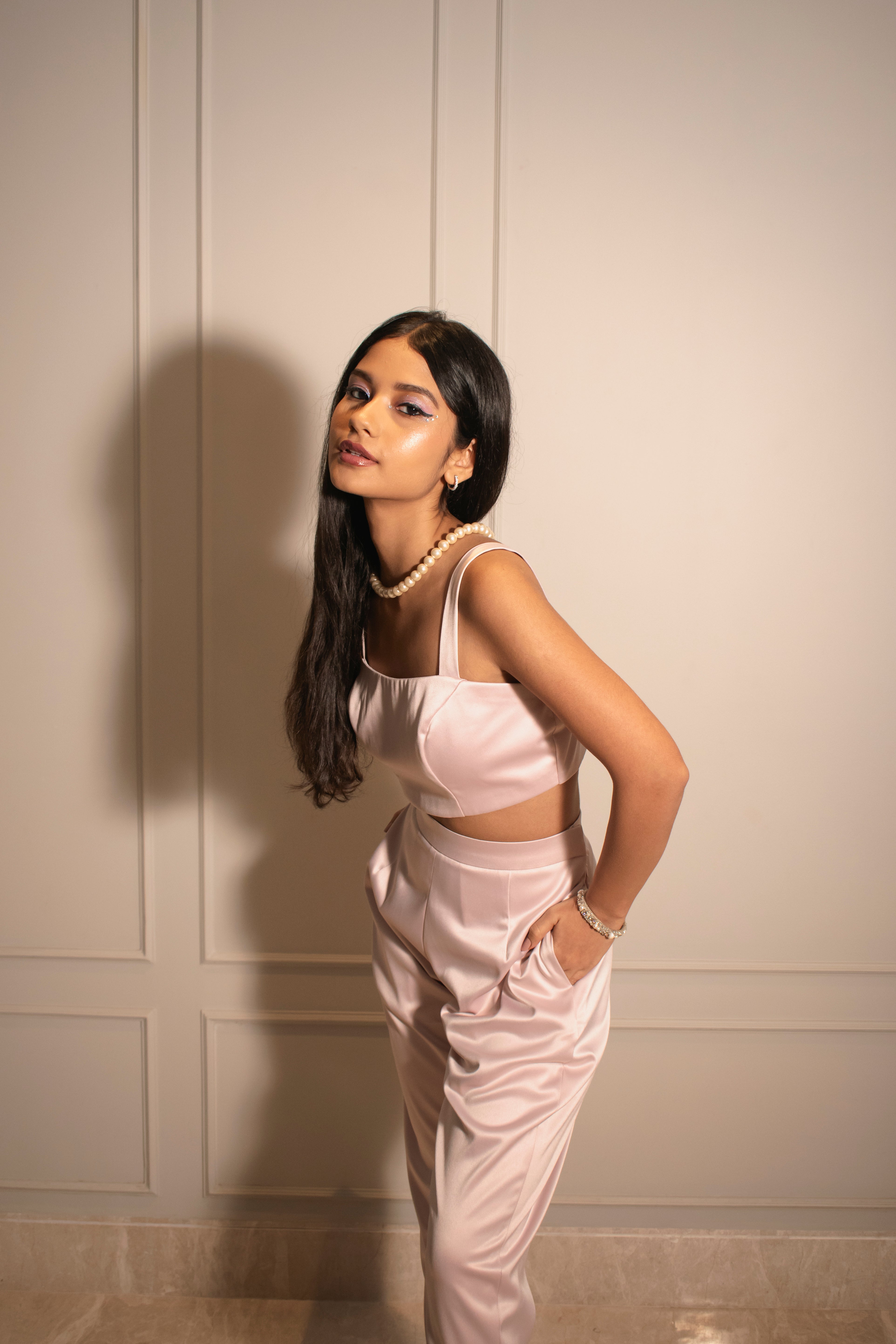 Tube Top, Cigarette Pants & Applique High-low Satin Organza Shirt