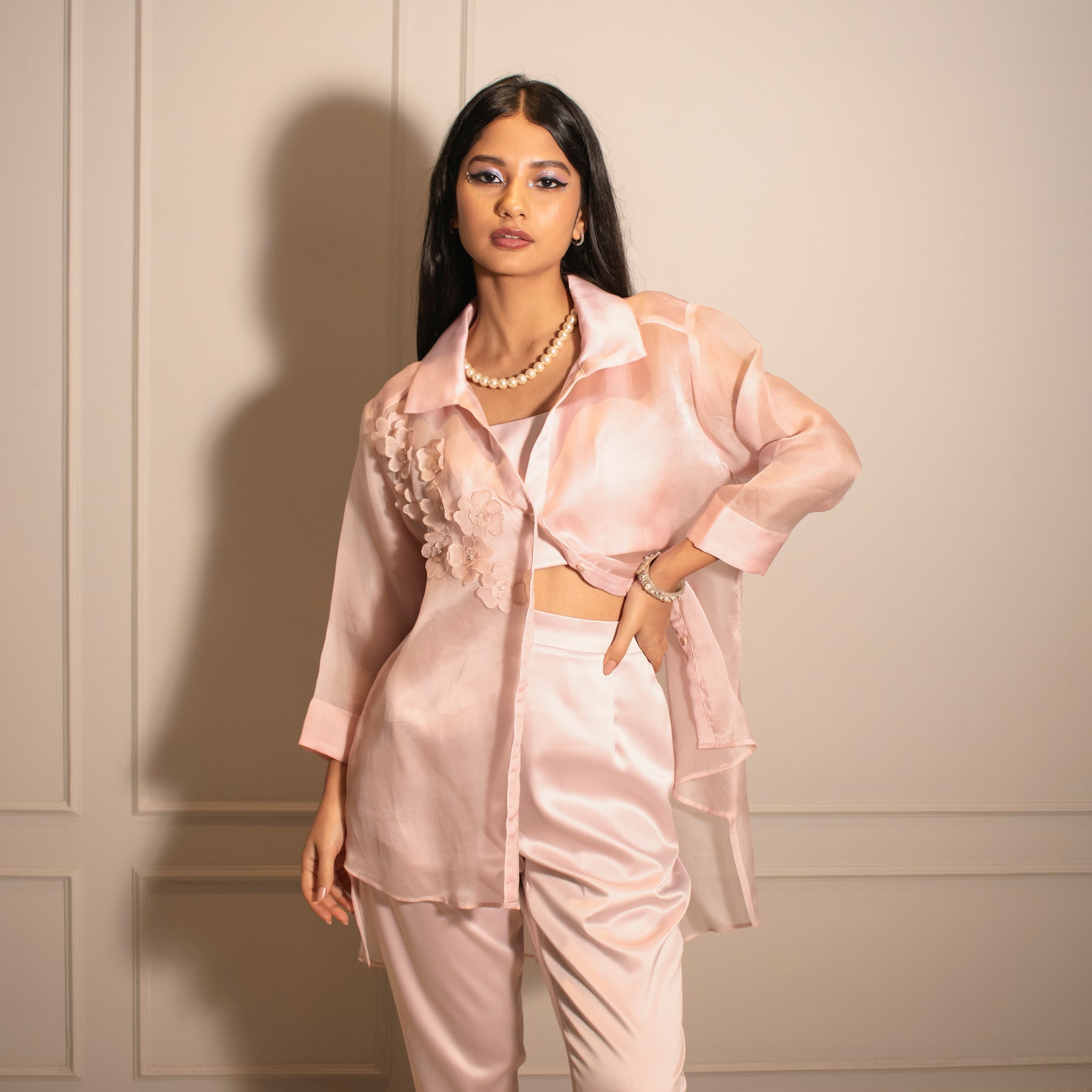 Tube Top, Cigarette Pants & Applique High-low Satin Organza Shirt
