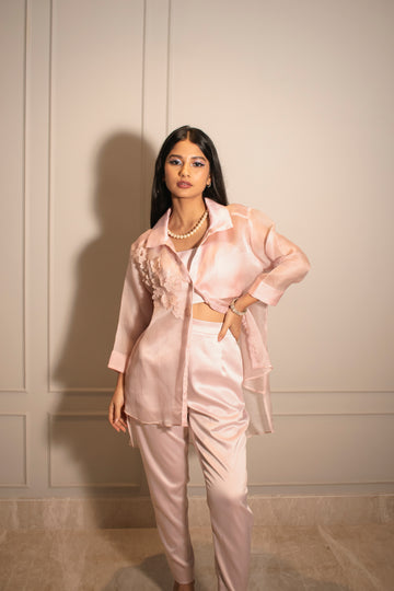 Tube Top, Cigarette Pants & Applique High-low Satin Organza Shirt