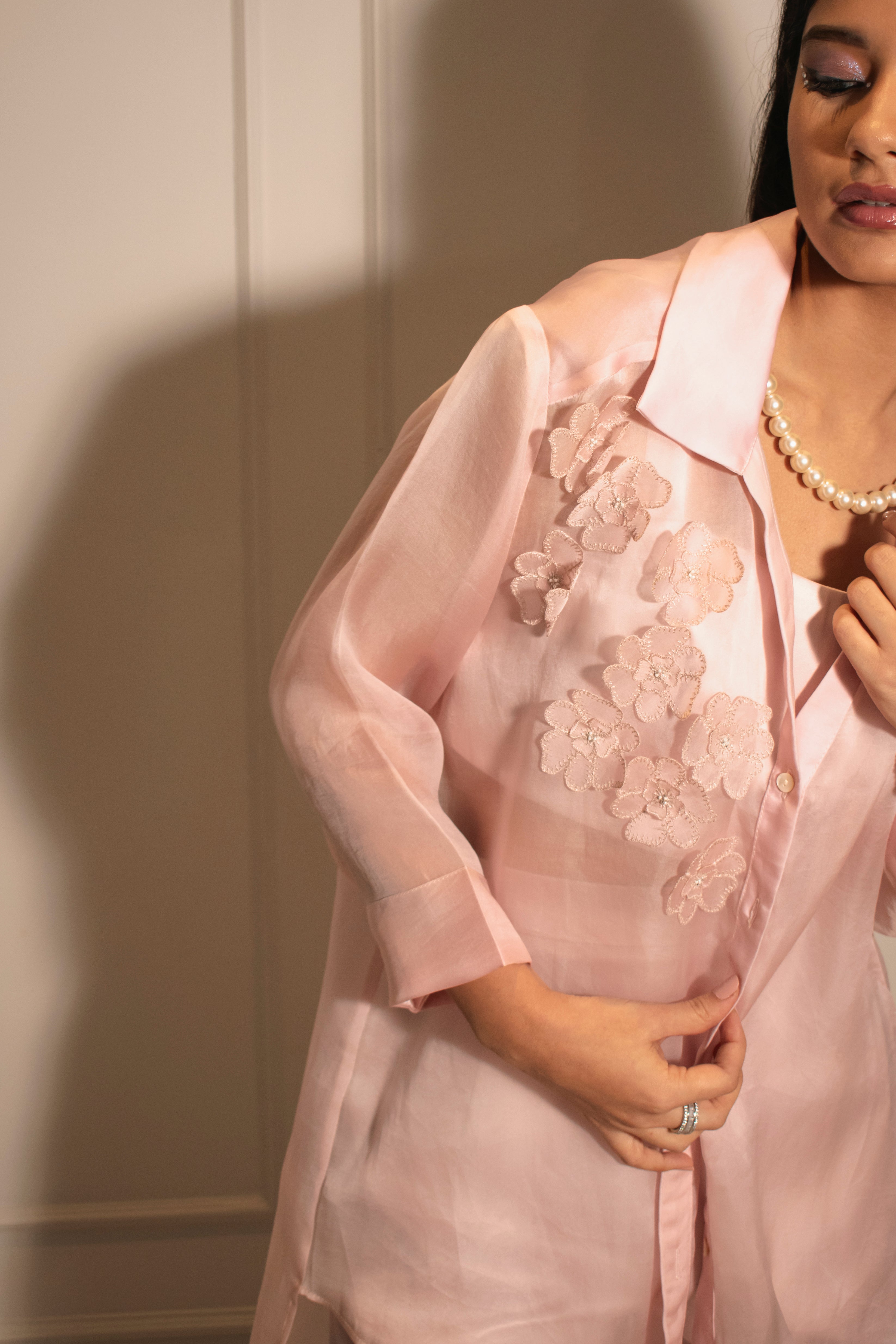 Tube Top, Cigarette Pants & Applique High-low Satin Organza Shirt
