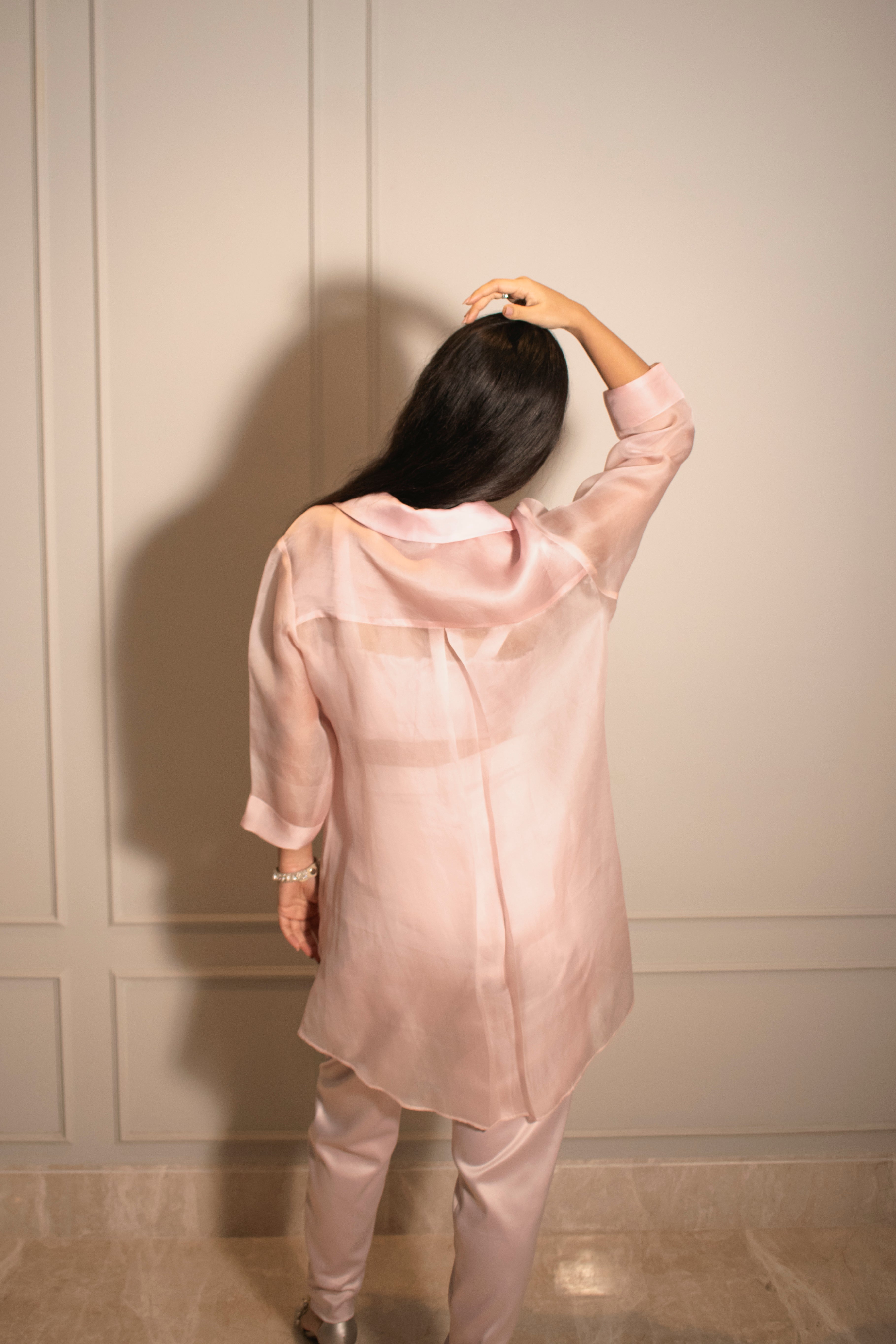 Tube Top, Cigarette Pants & Applique High-low Satin Organza Shirt