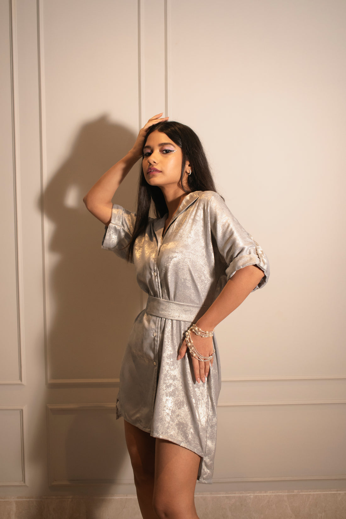 Relaxed Shirt Dress with Embroidered Strap & Foil Flare Pants