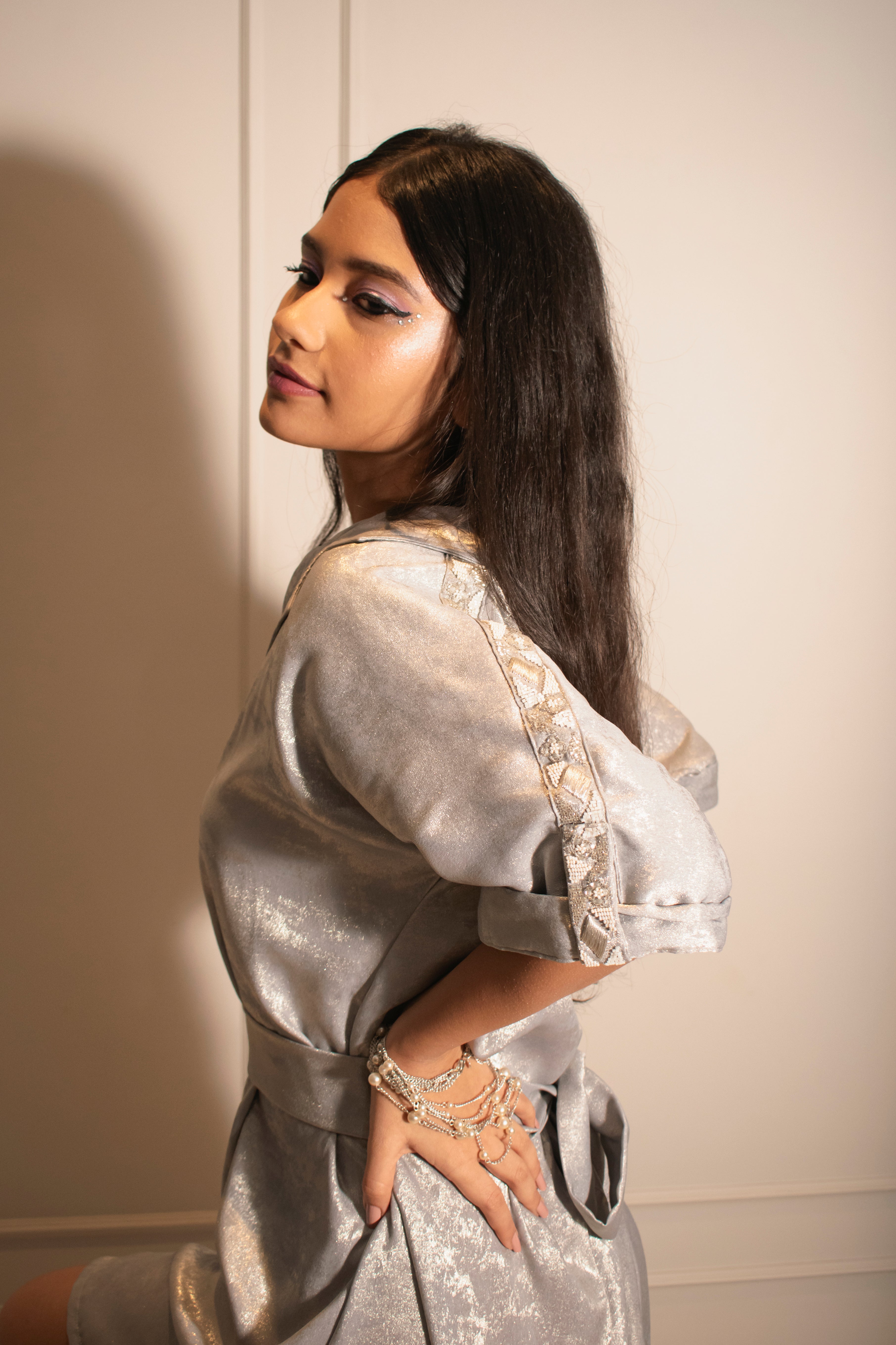 Relaxed Shirt Dress with Embroidered Strap & Foil Flare Pants
