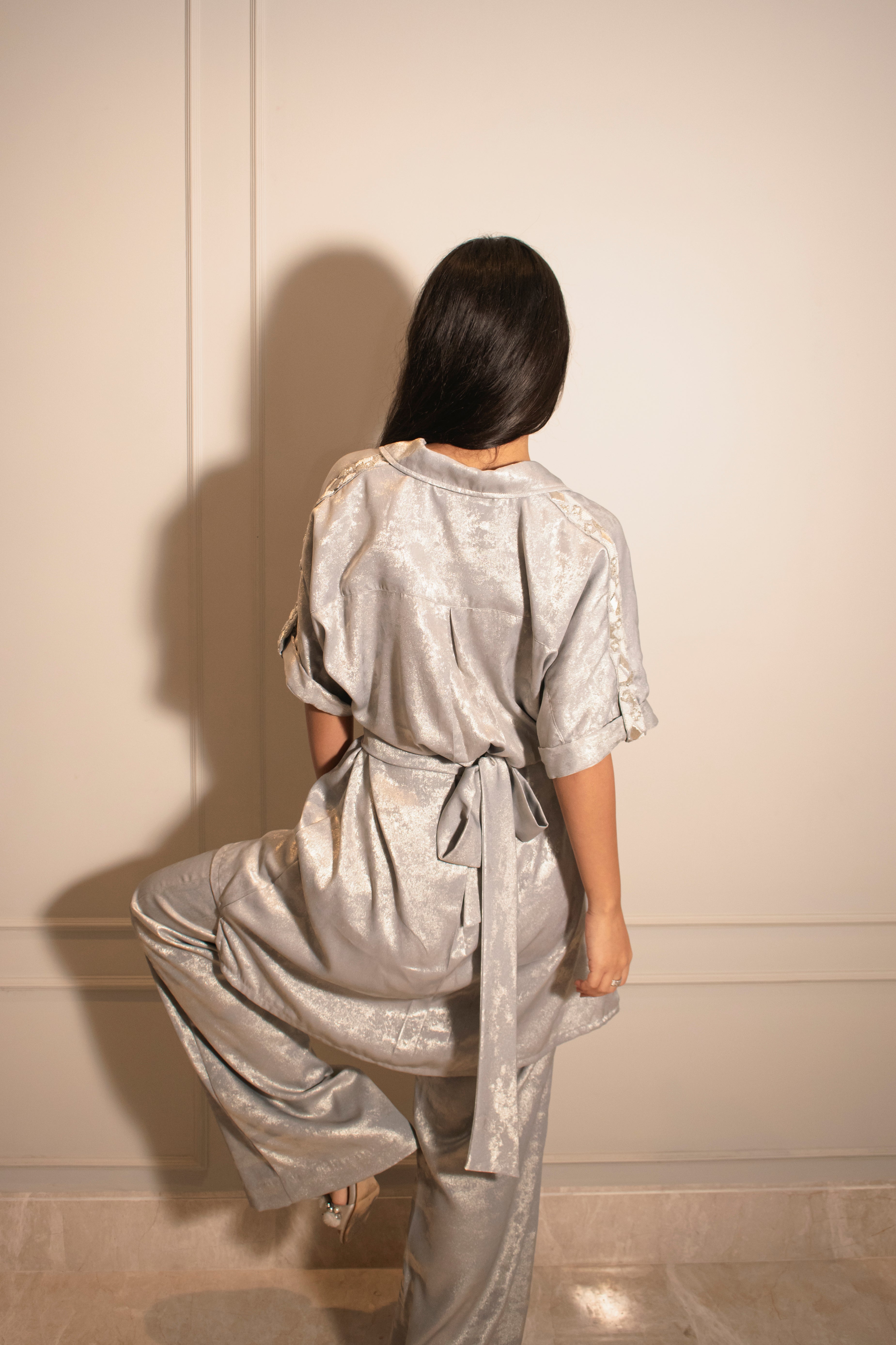 Relaxed Shirt Dress with Embroidered Strap & Foil Flare Pants