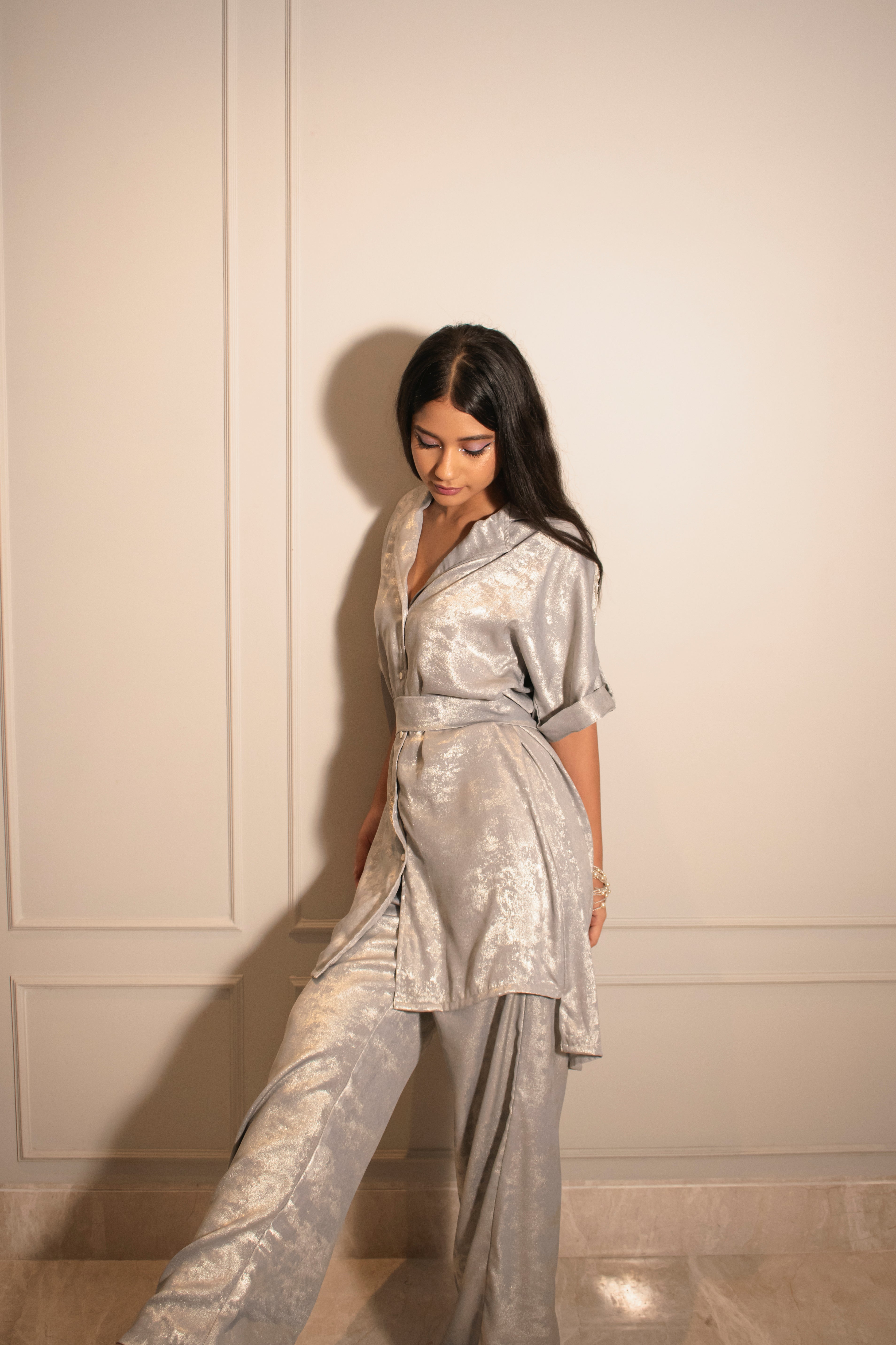 Relaxed Shirt Dress with Embroidered Strap & Foil Flare Pants
