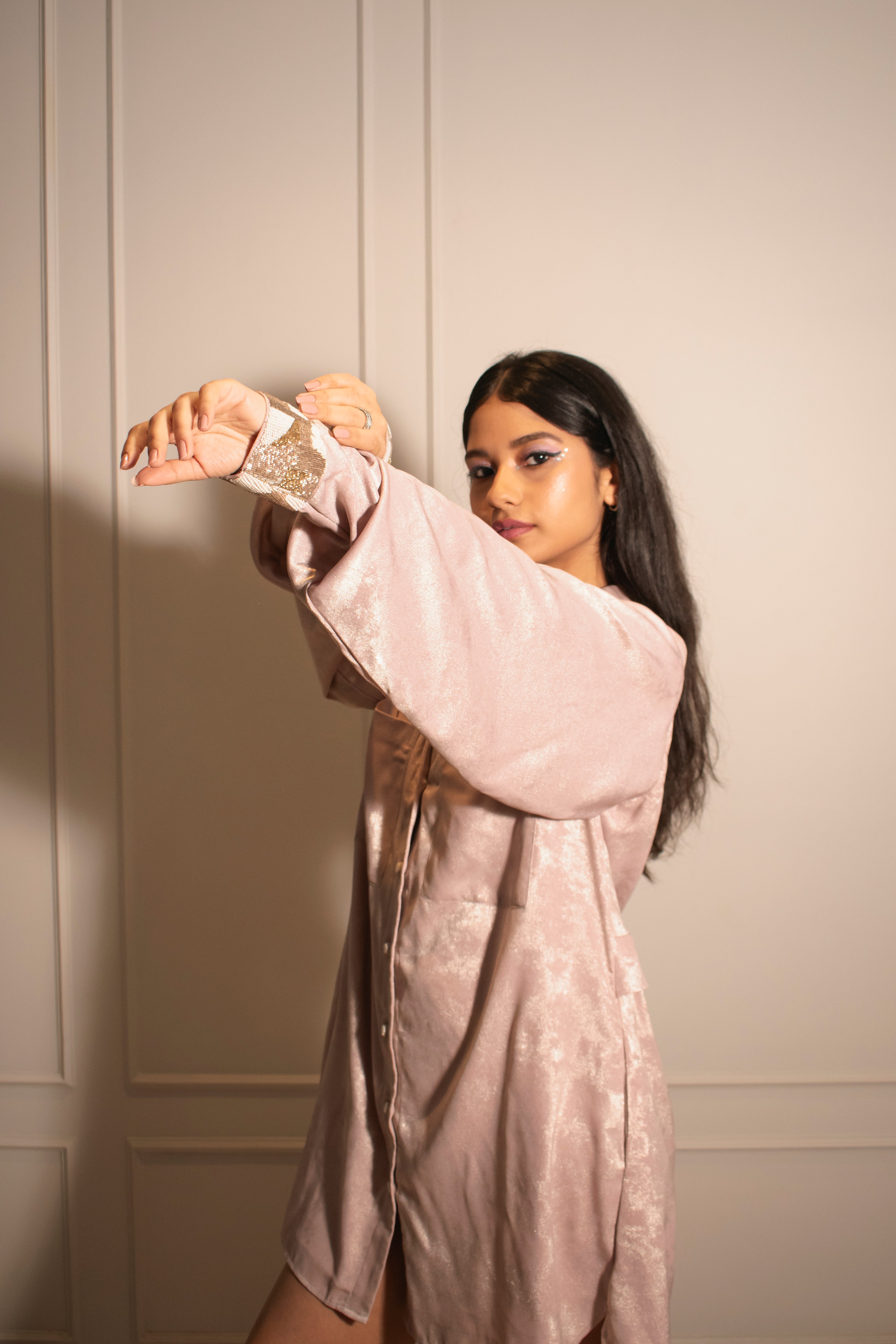 Oversized Shirtdress with Embellished Cuffs & Foil Flare Pants