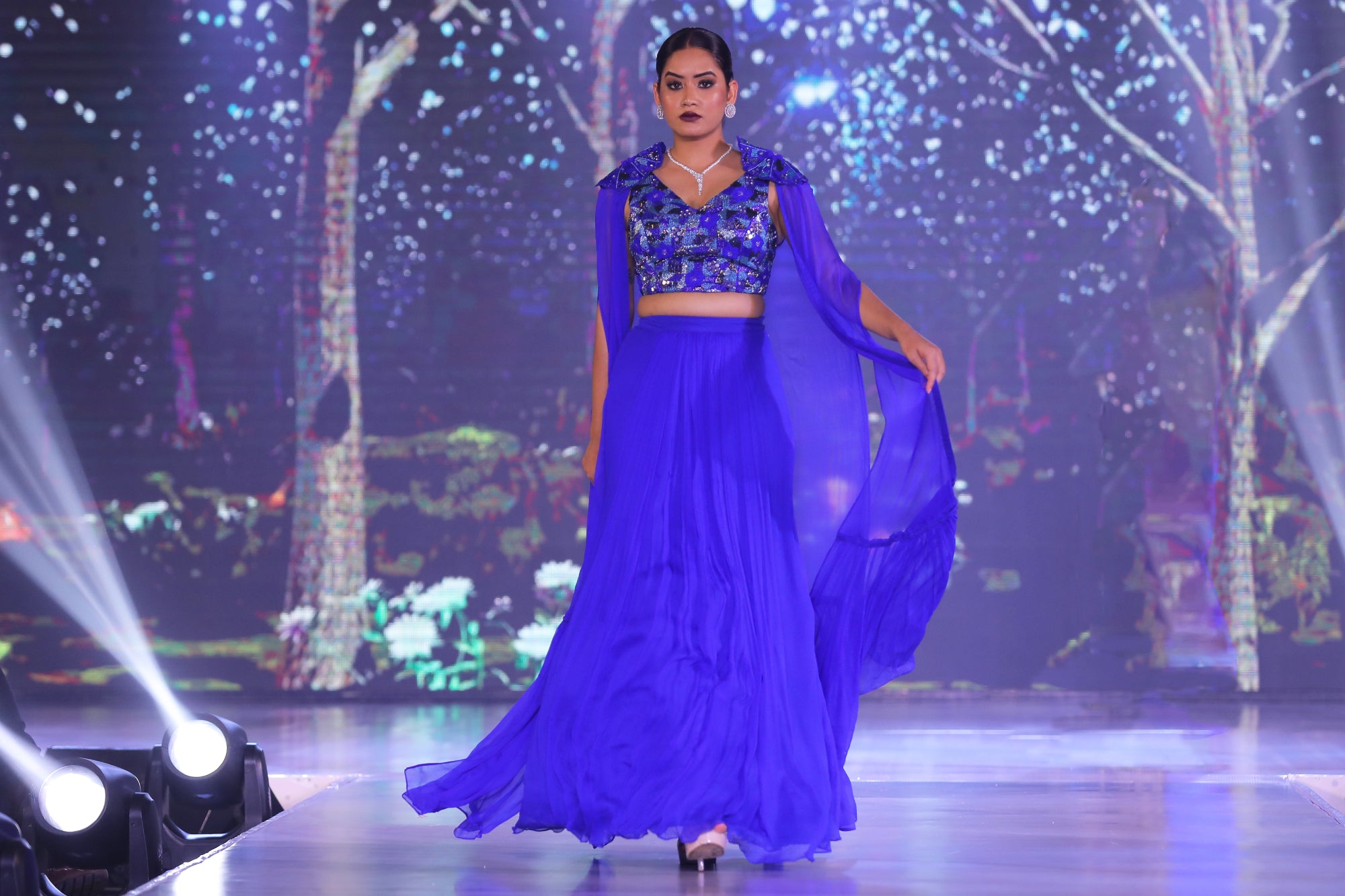 V-neck Embroidered Blouse, Knife Pleated Skirt (with can-can) & AZUL Cape