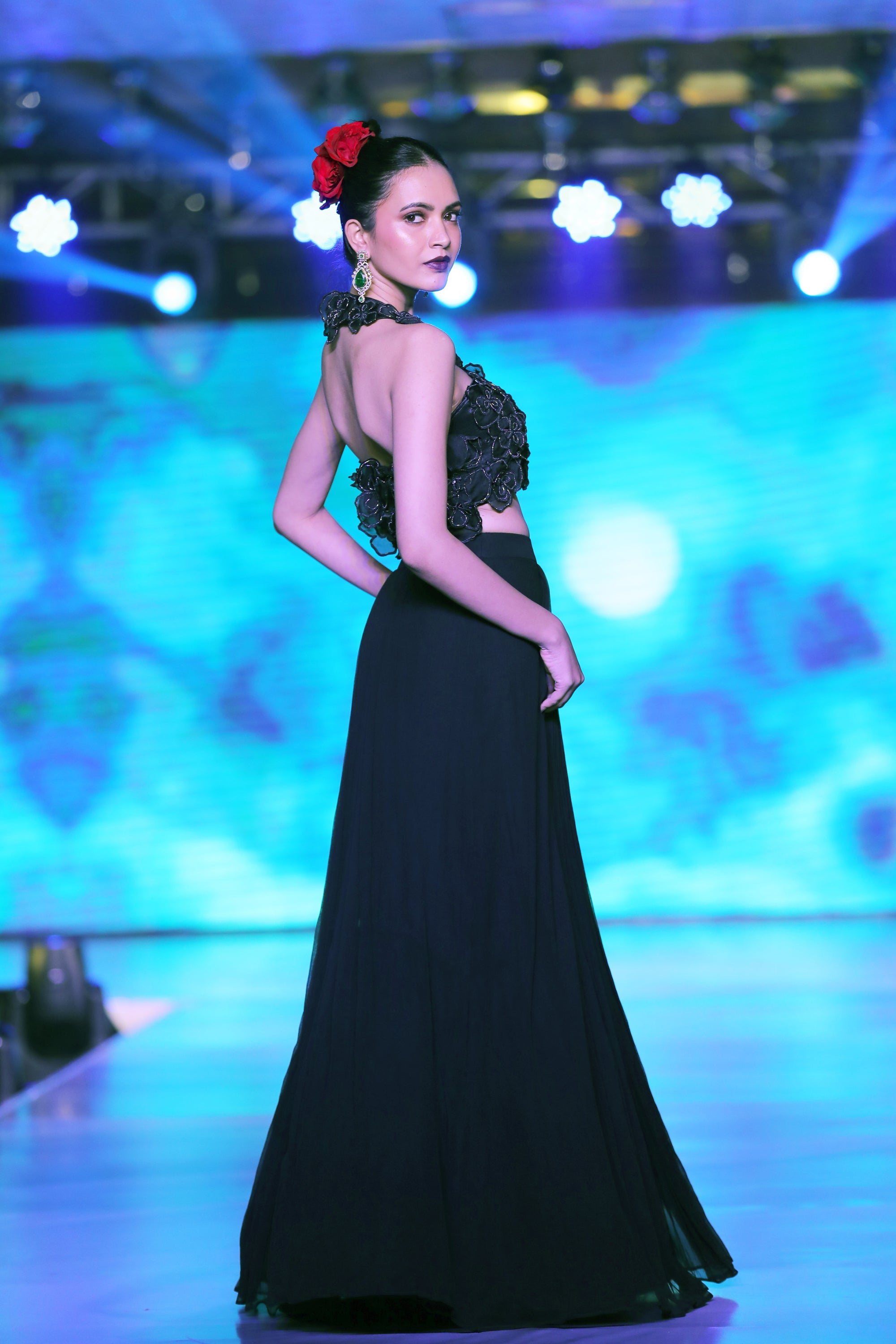 3D Applique Halter Blouse & Knife Pleated Skirt (with can-can)