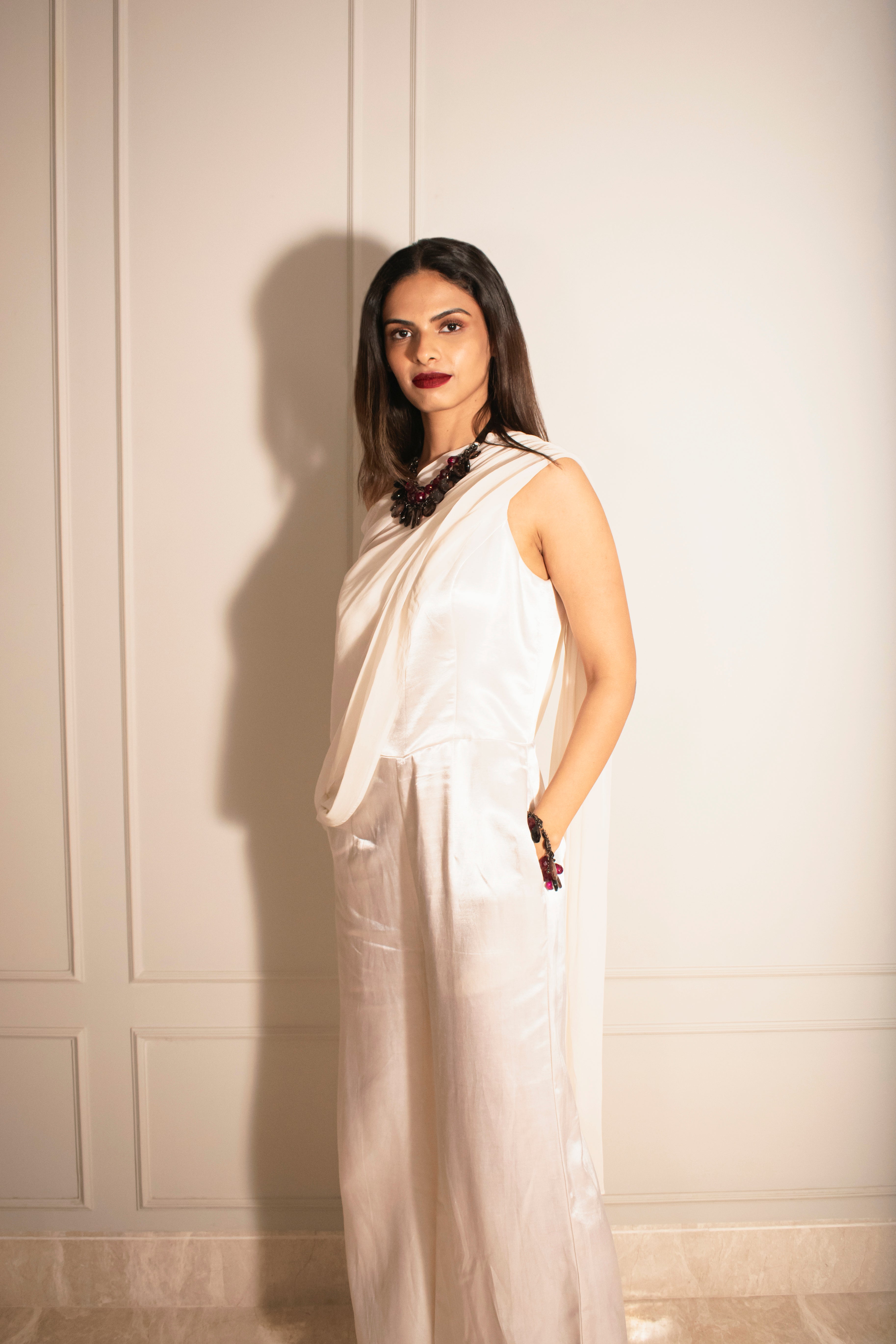 One-shoulder Jumpsuit with Detachable Poncho Cape