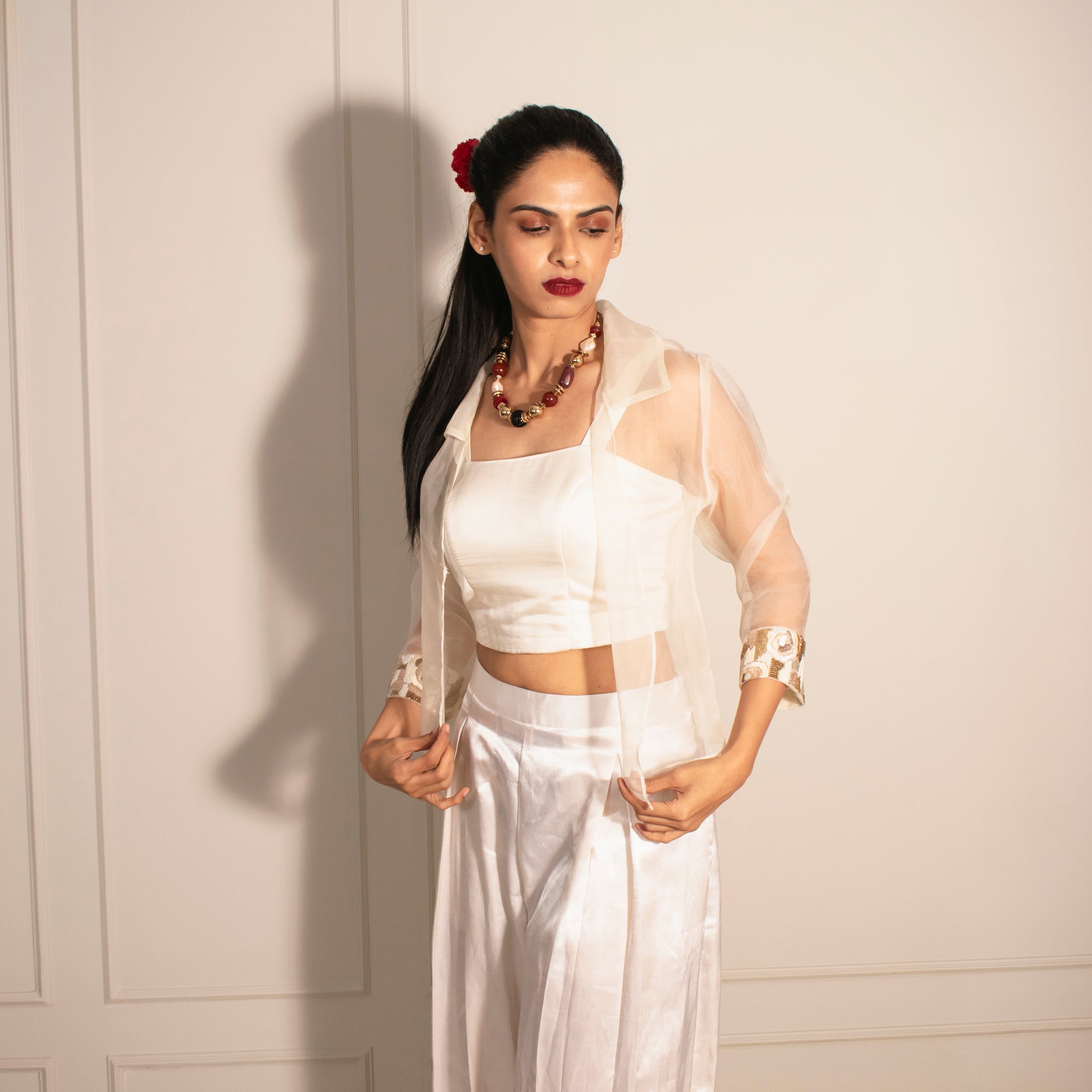 Sheer Crop Jacket, Tube Top & Inverted Pleat Flare Pants