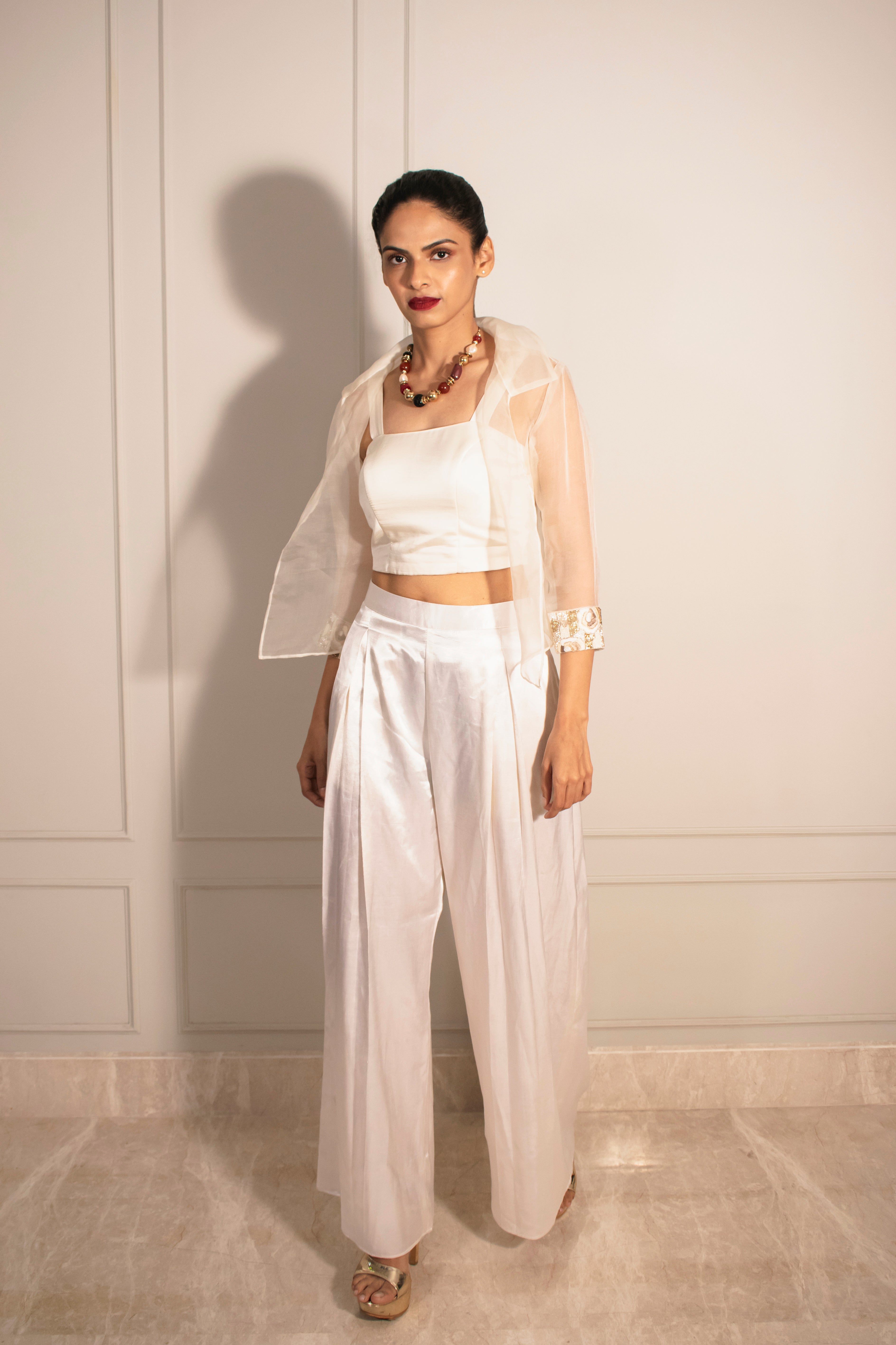 Sheer Crop Jacket, Tube Top & Inverted Pleat Flare Pants