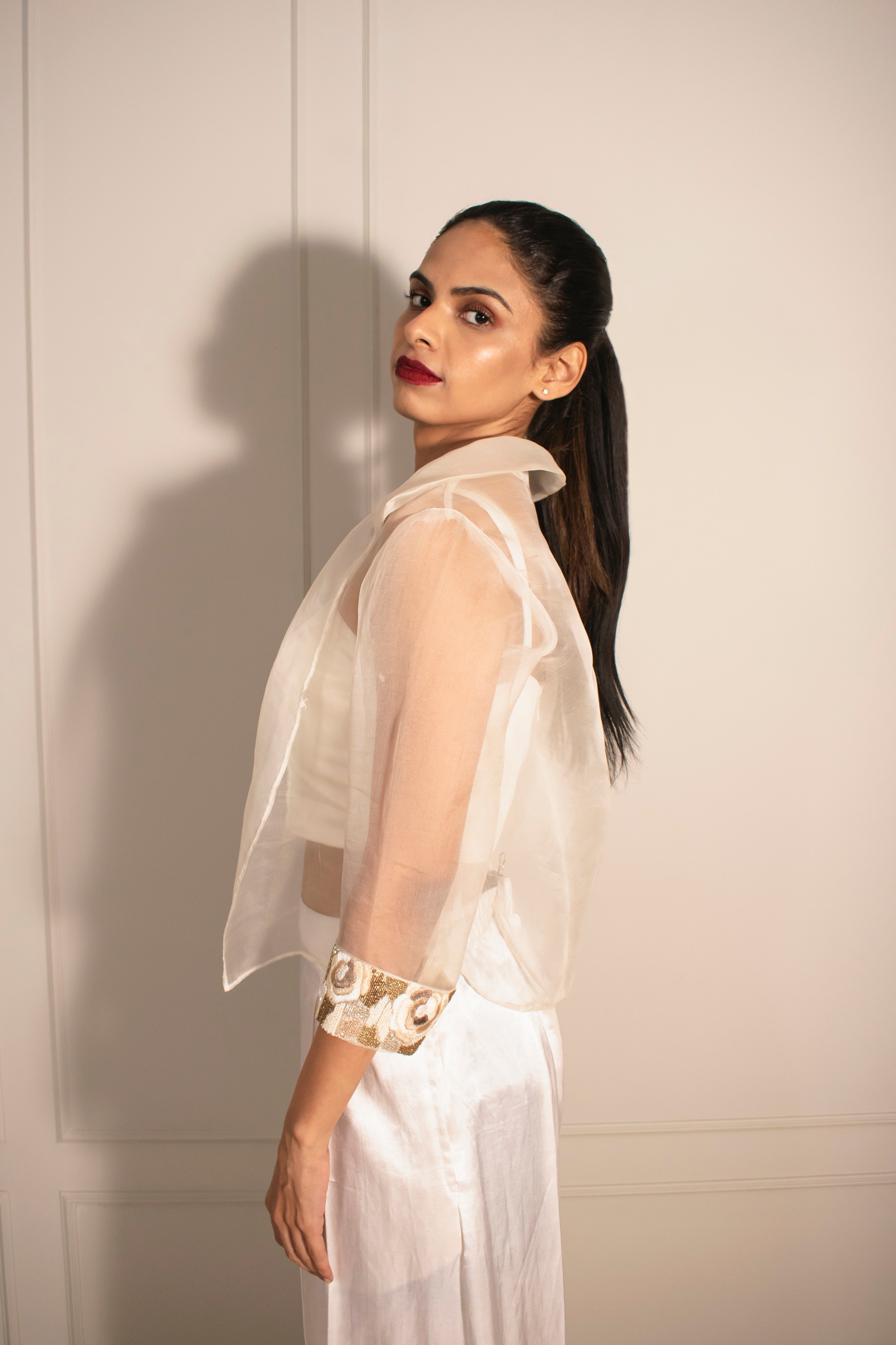 Sheer Crop Jacket, Tube Top & Inverted Pleat Flare Pants