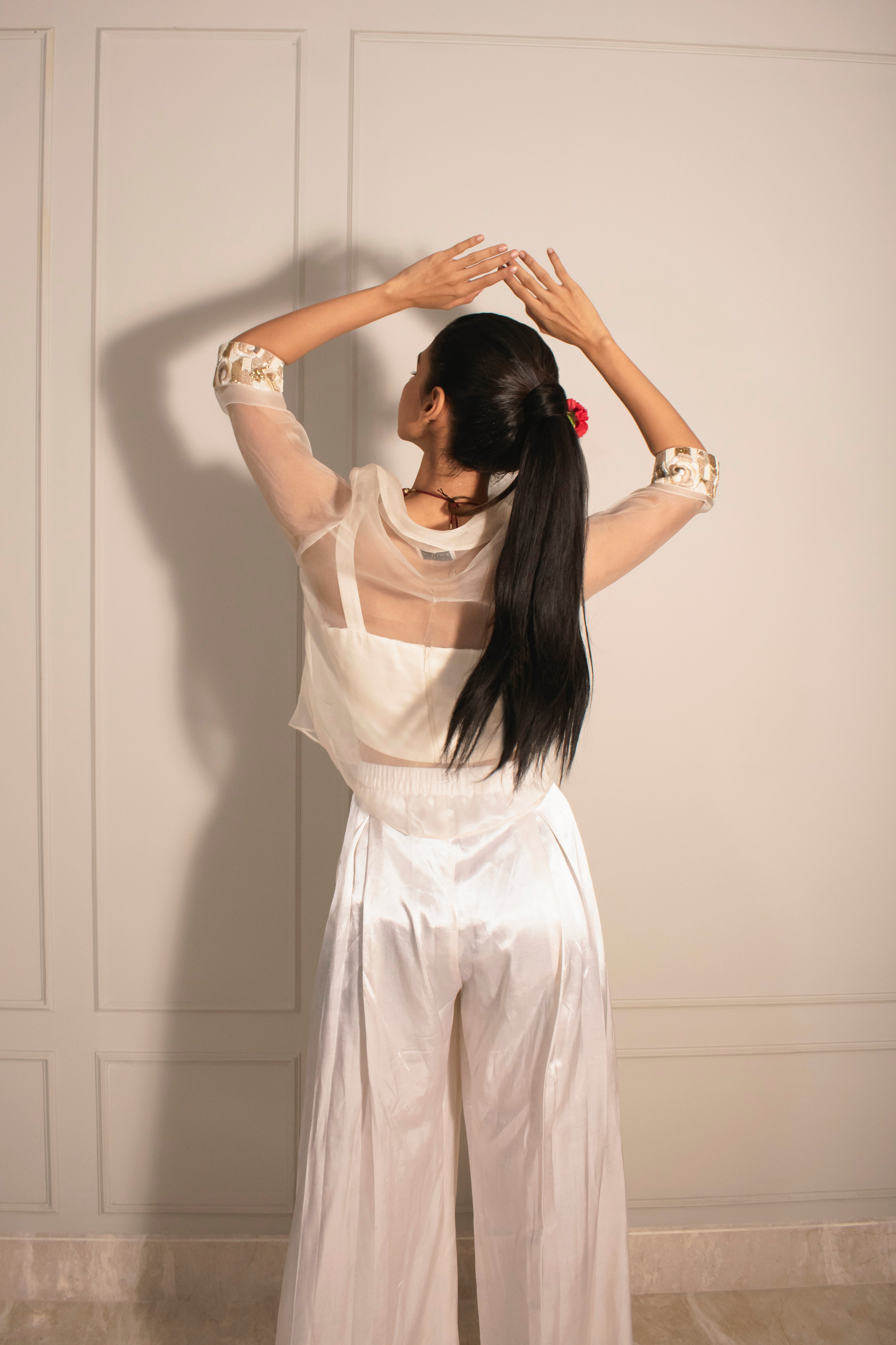Sheer Crop Jacket, Tube Top & Inverted Pleat Flare Pants