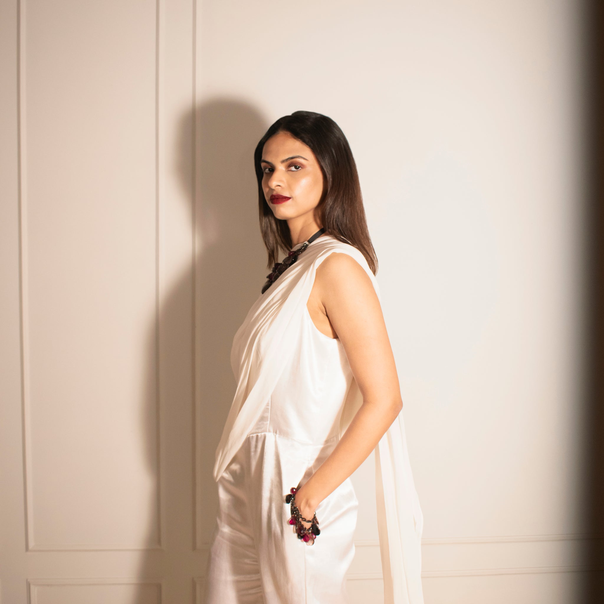 One-shoulder Jumpsuit with Detachable Poncho Cape