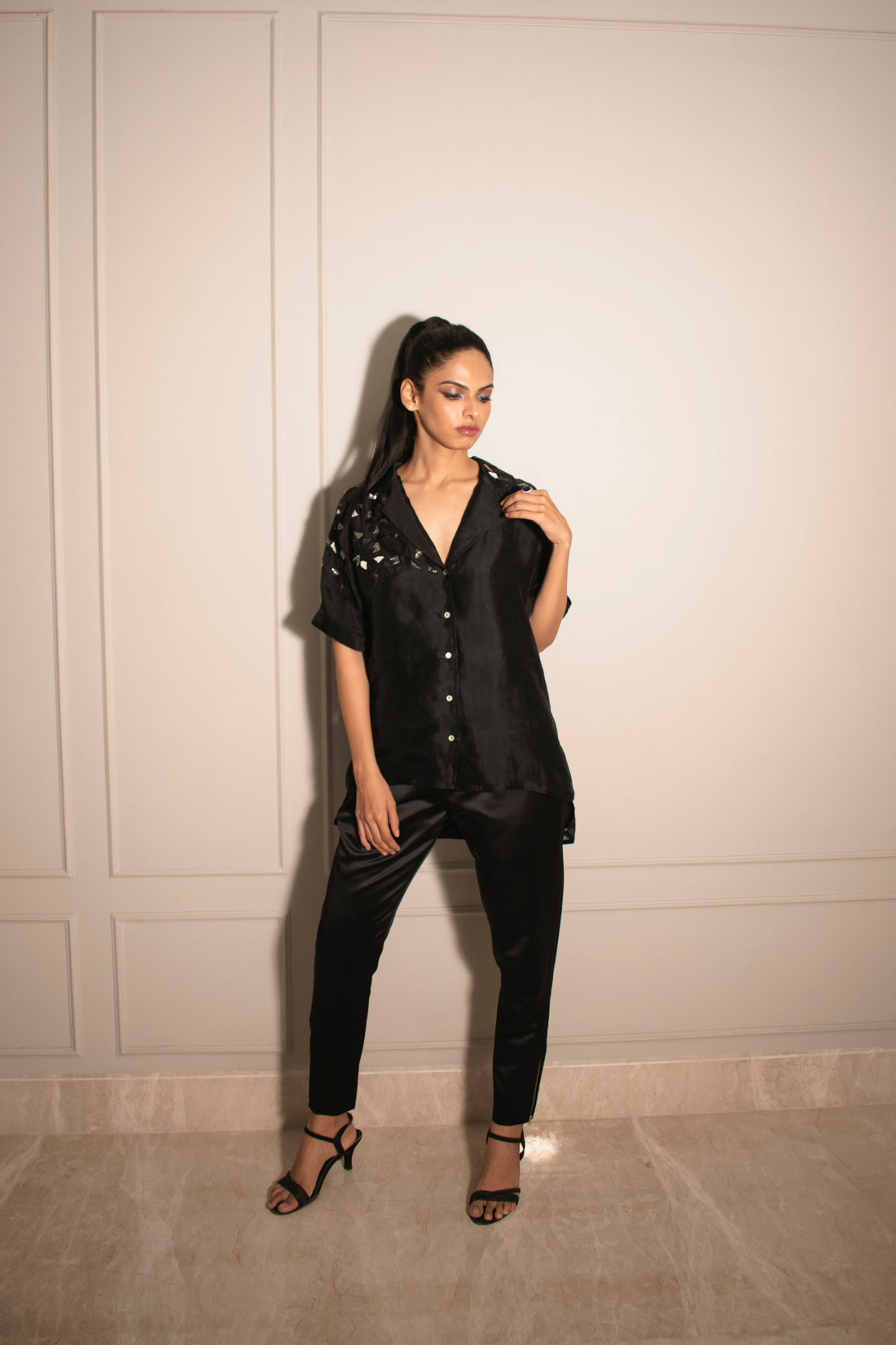 Mosaic Embellished Organza Shirt & Cigarette Pants