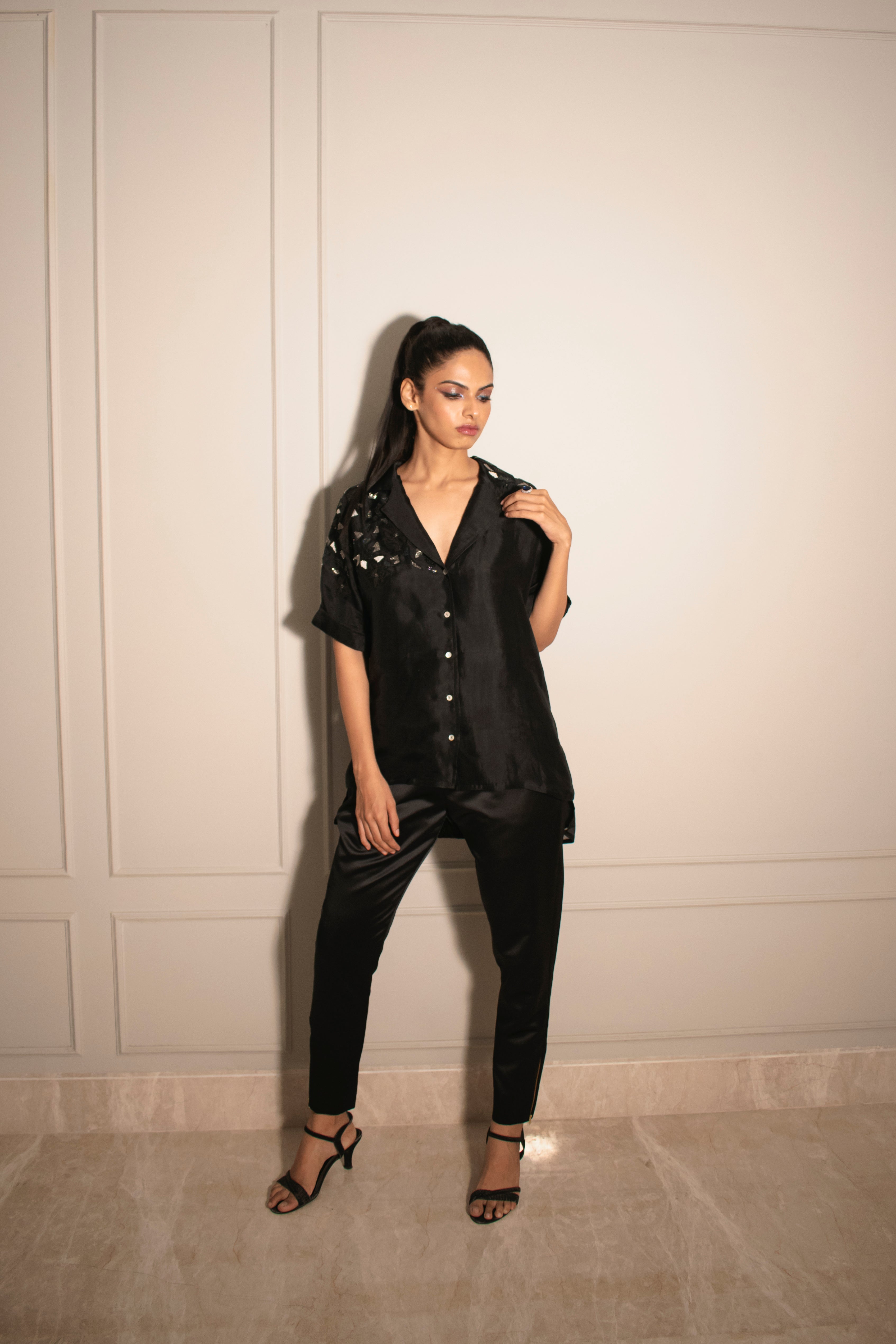 Mosaic Embellished Organza Shirt & Cigarette Pants