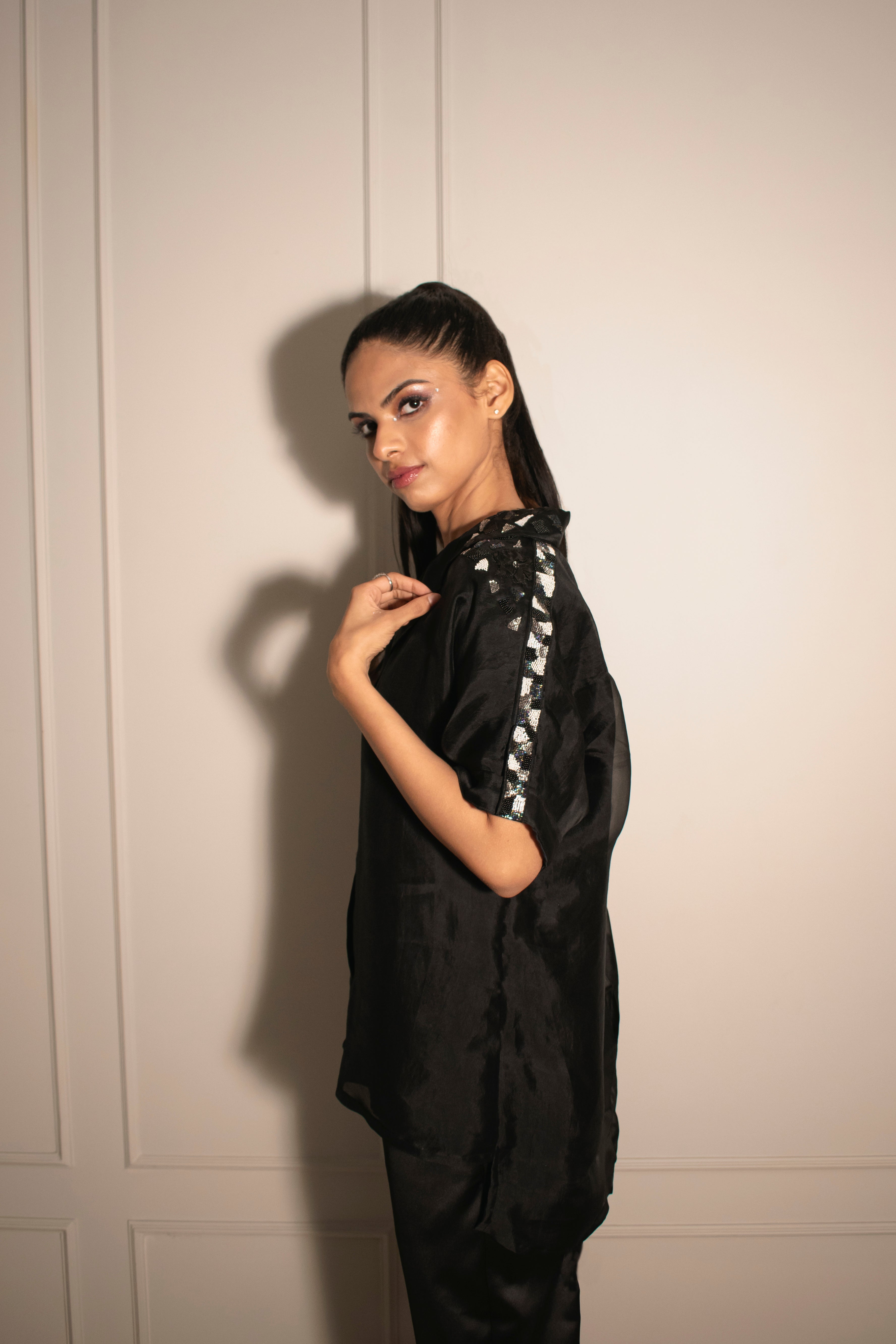 Mosaic Embellished Organza Shirt & Cigarette Pants