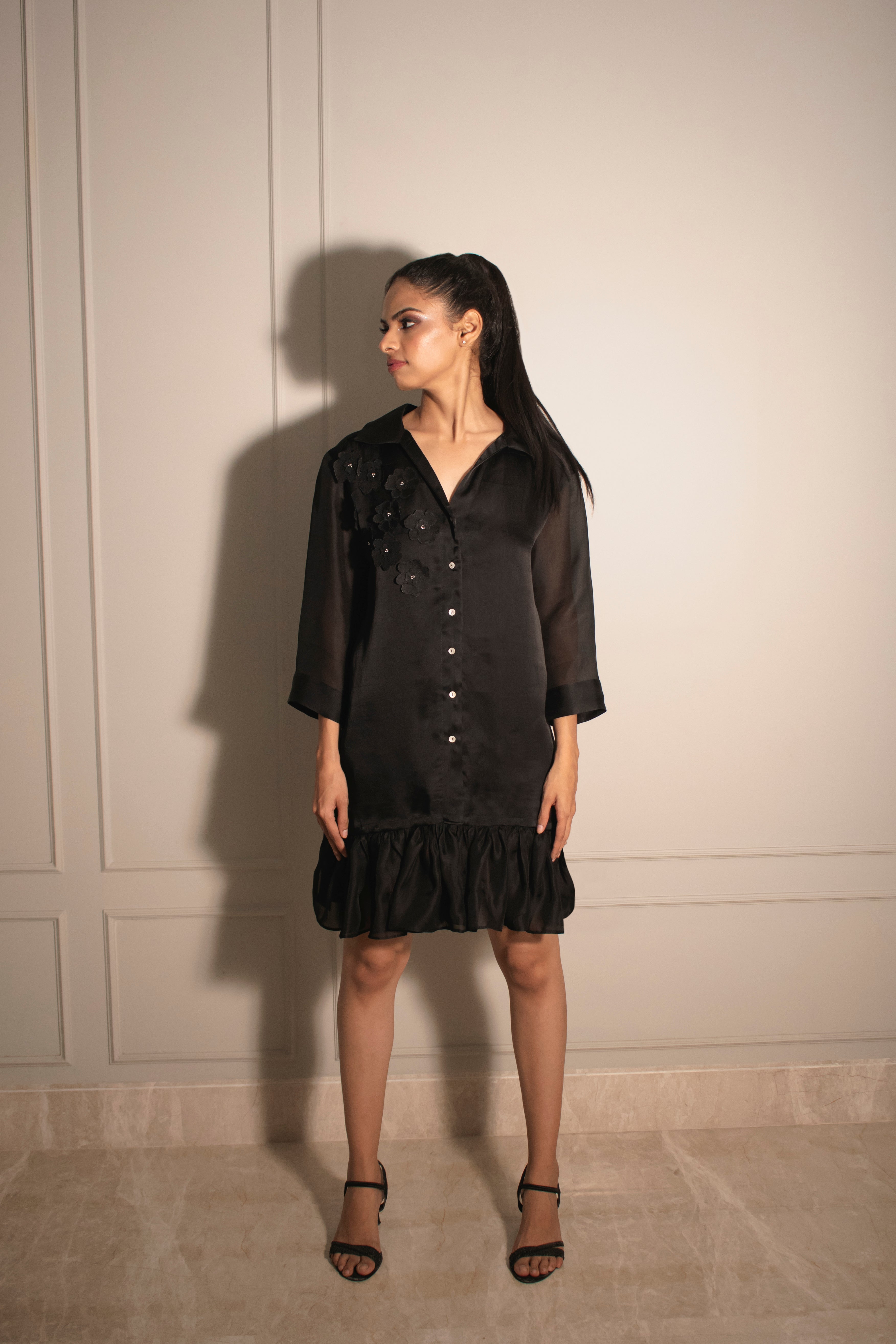 Applique Detachable Ruffle Shirt Dress & Cigarette Pants