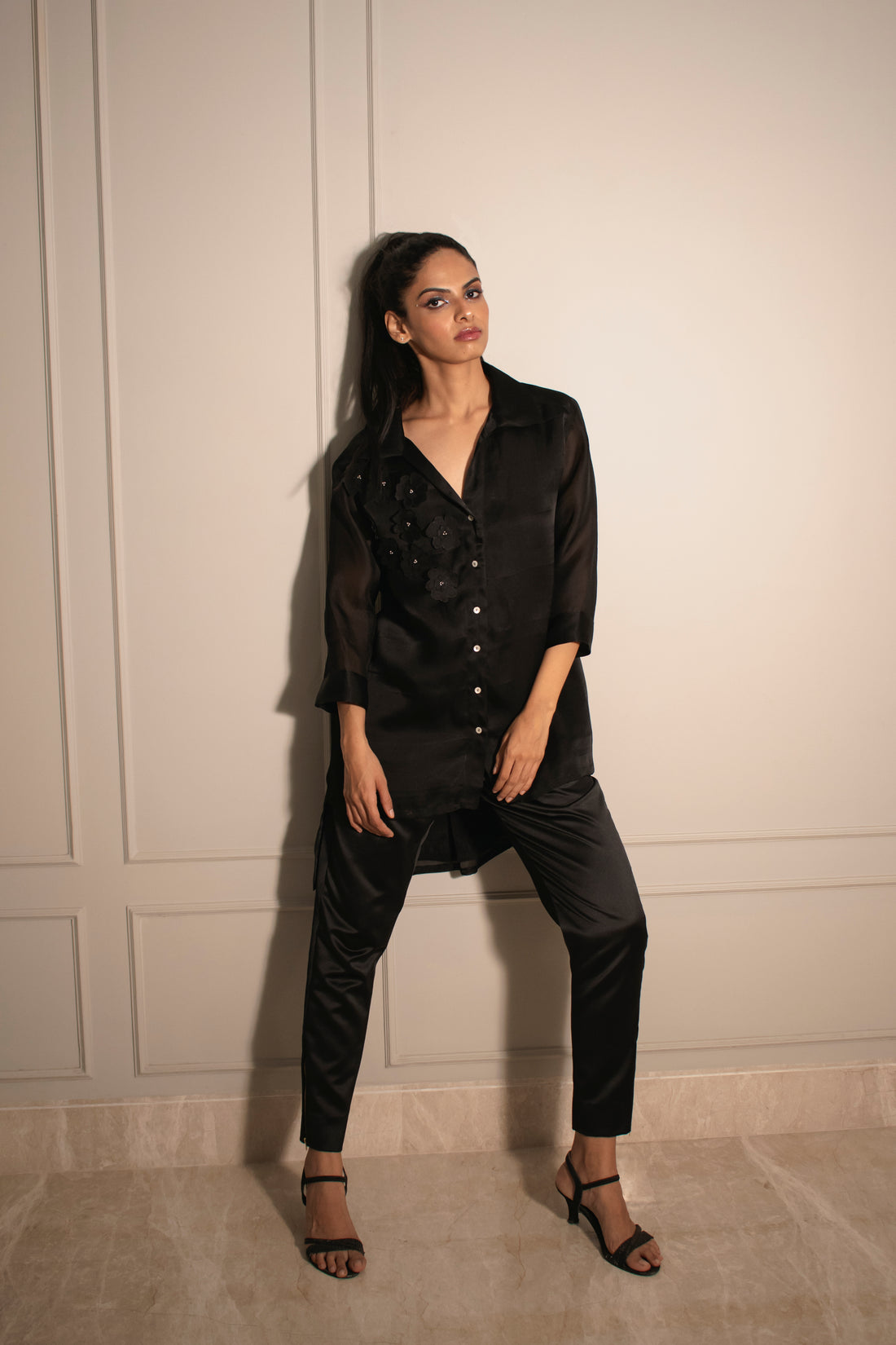 Applique Detachable Ruffle Shirt Dress & Cigarette Pants