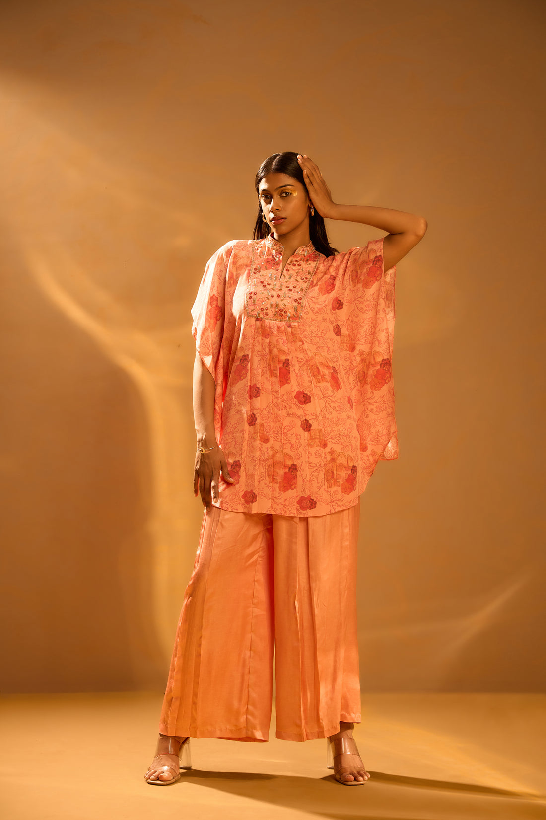 Short Printed Embroidered Kaftan with Slip & Box-Pleated Pants