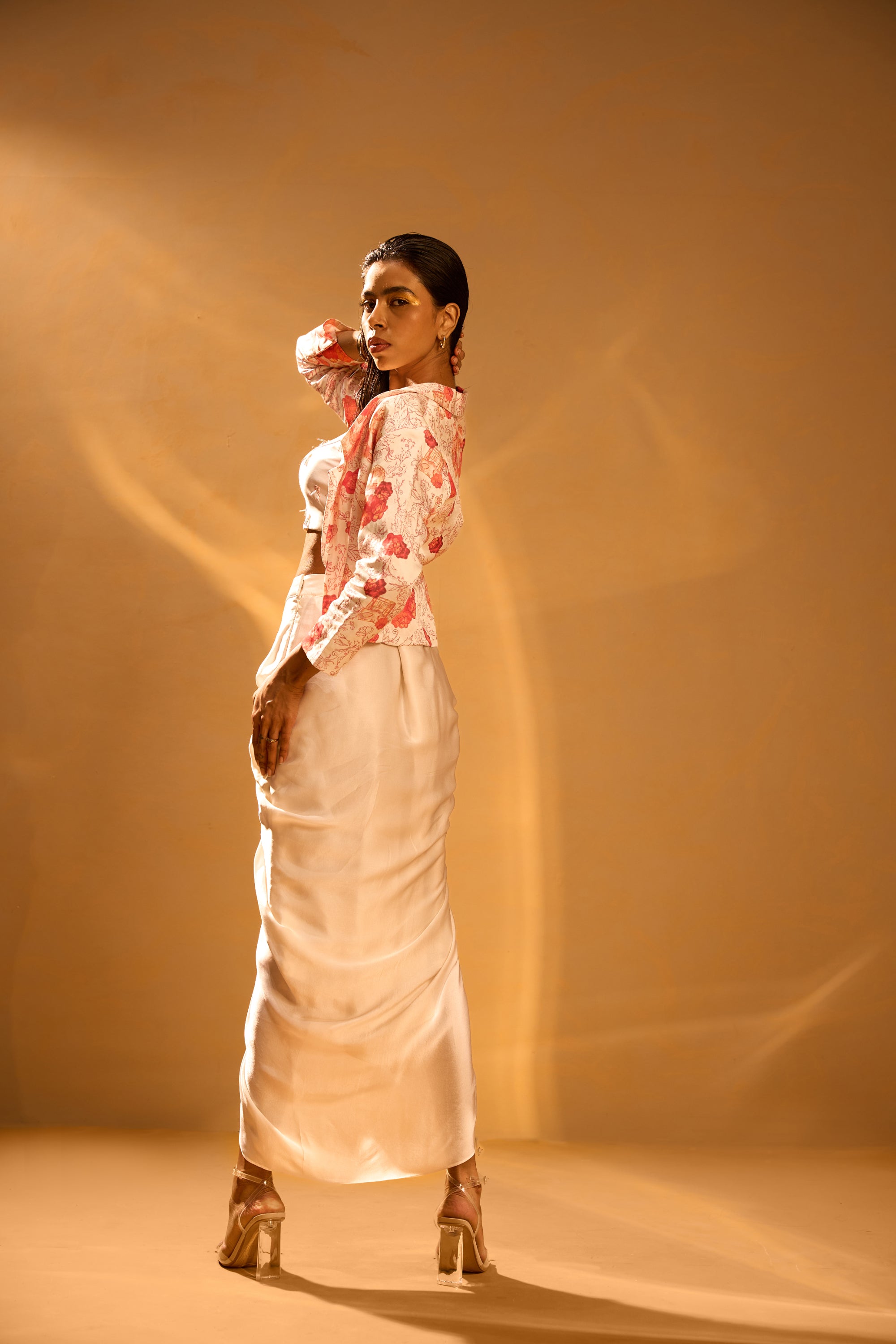 NEH Printed Crop Blazer, Strapped Tube Embellished Blouse & Overlap Pleated Skirt