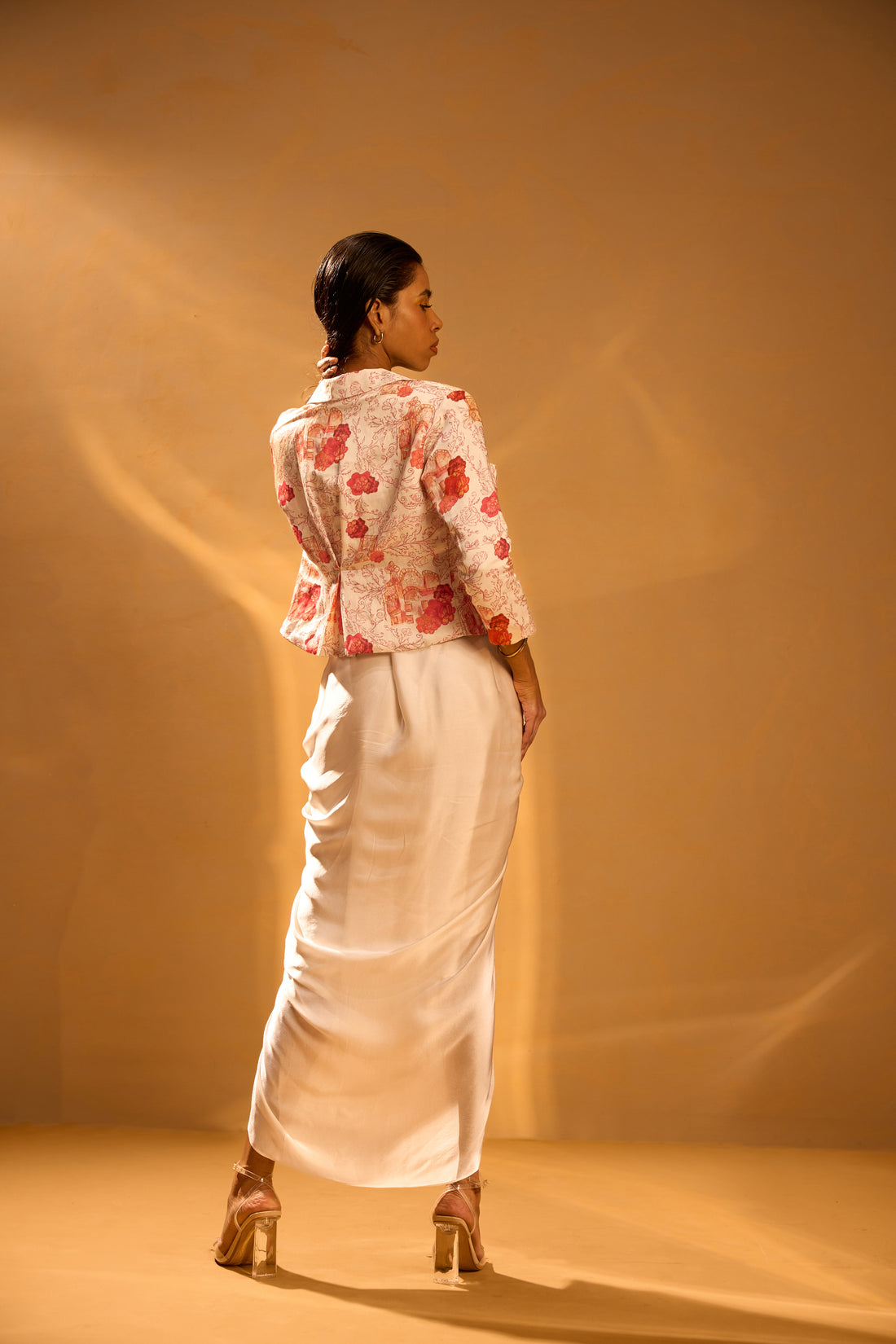 NEH Printed Crop Blazer, Strapped Tube Embellished Blouse & Overlap Pleated Skirt