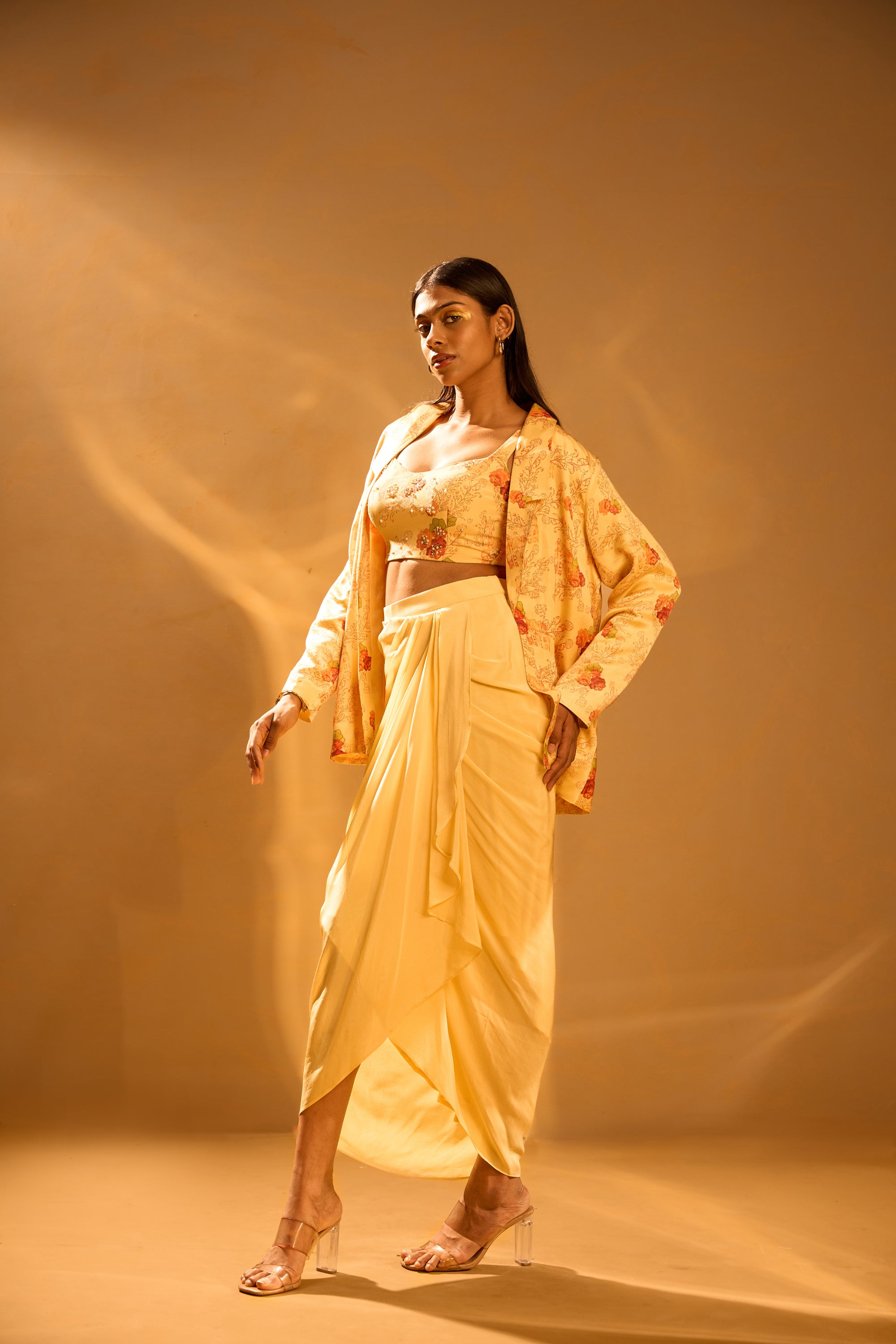 NEH Yellow Printed Blazer, Strapped Printed Blouse & Overlap Pleated Crepe Skirt