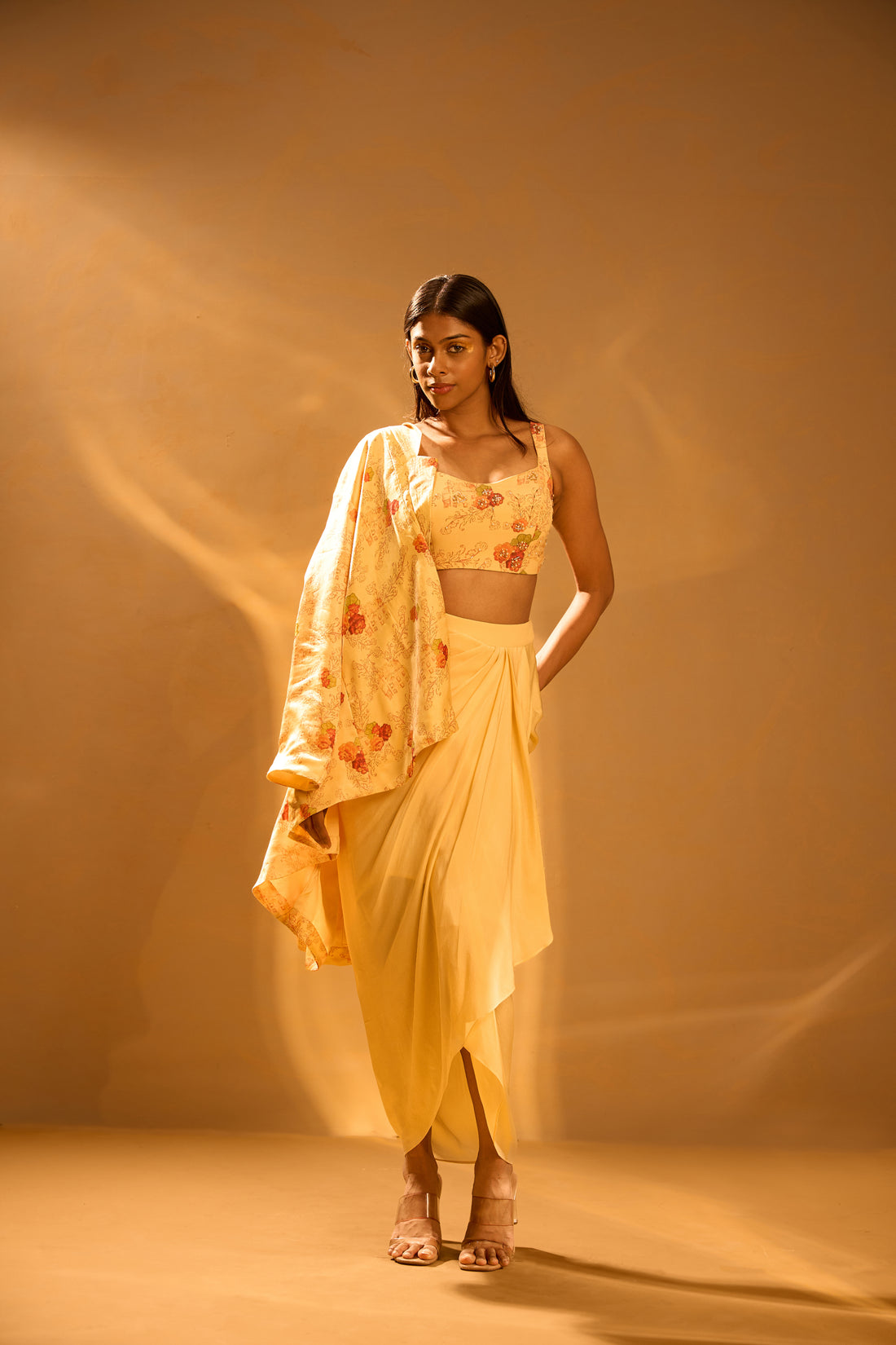 NEH Yellow Printed Blazer, Strapped Printed Blouse & Overlap Pleated Crepe Skirt