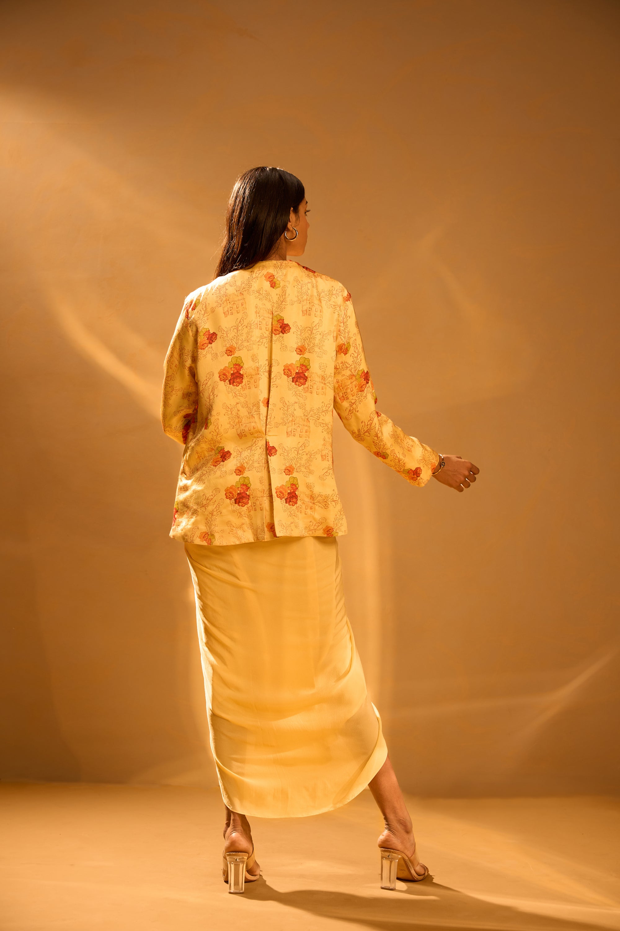 NEH Yellow Printed Blazer, Strapped Printed Blouse & Overlap Pleated Crepe Skirt