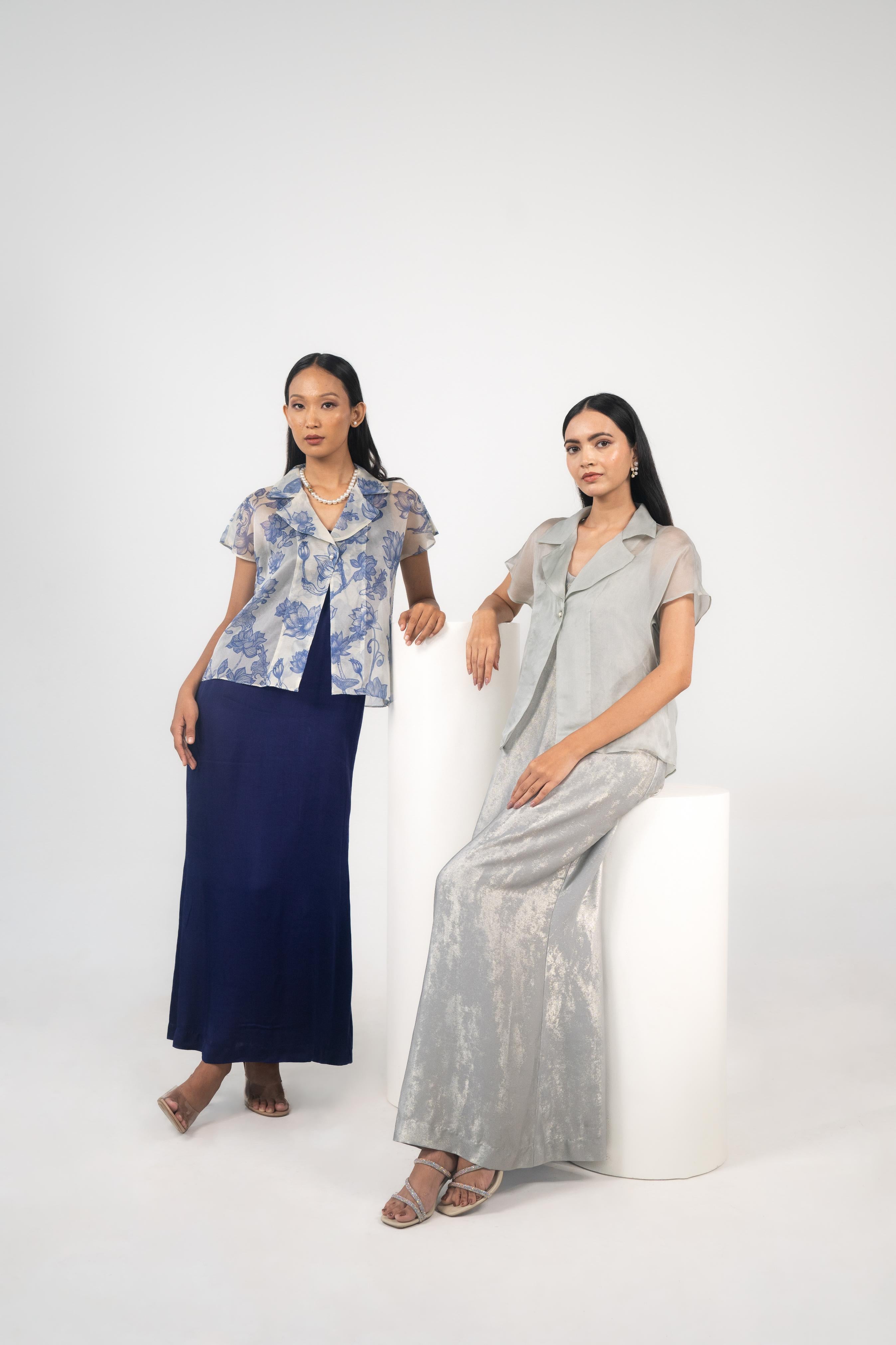 Printed Satin Organza Overshirt & Maxi Slip Dress