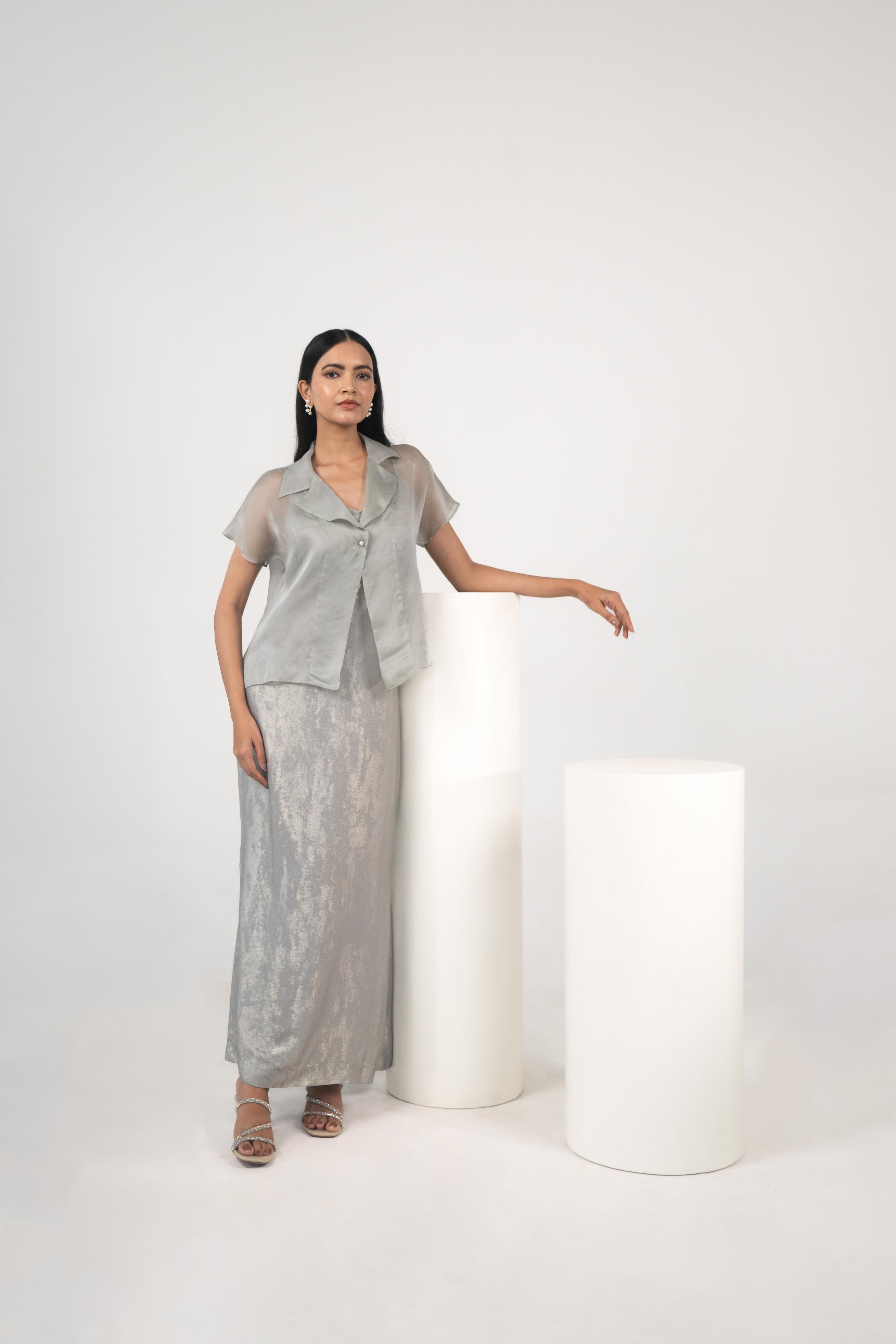 Satin Organza Overshirt & Foil Maxi Slip Dress
