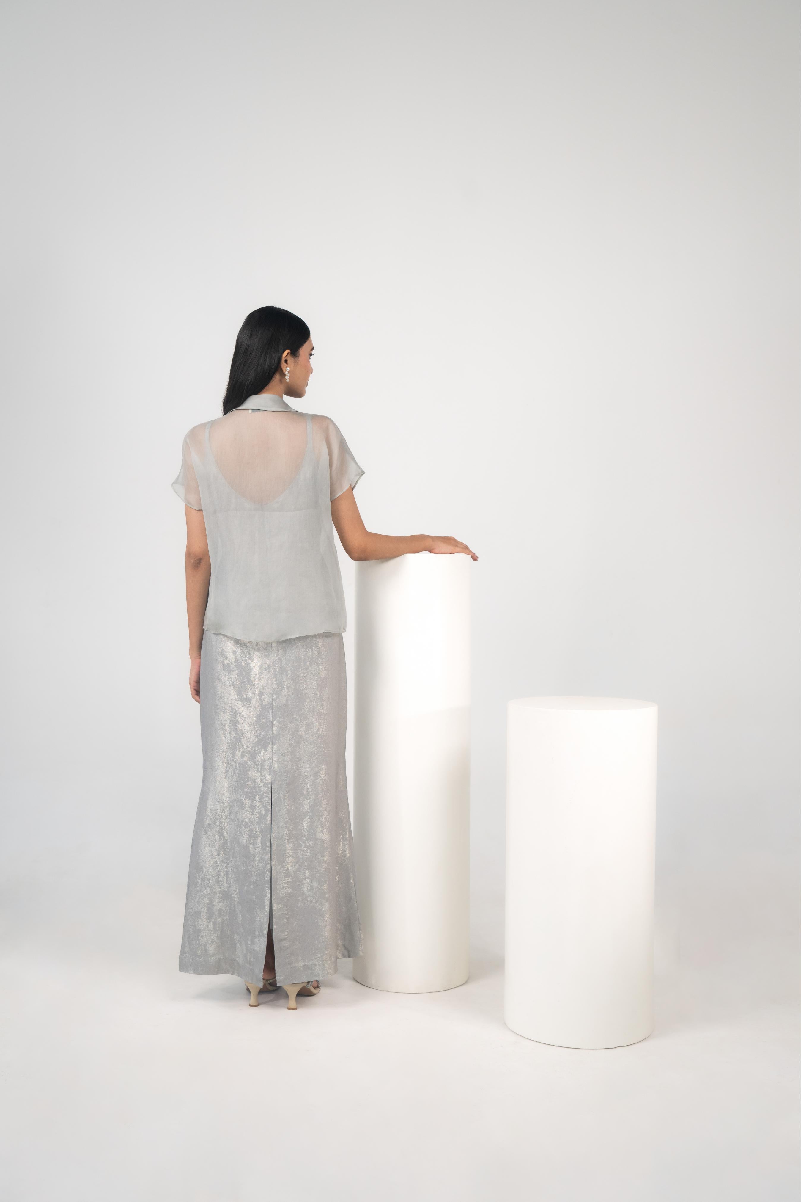 Satin Organza Overshirt & Foil Maxi Slip Dress