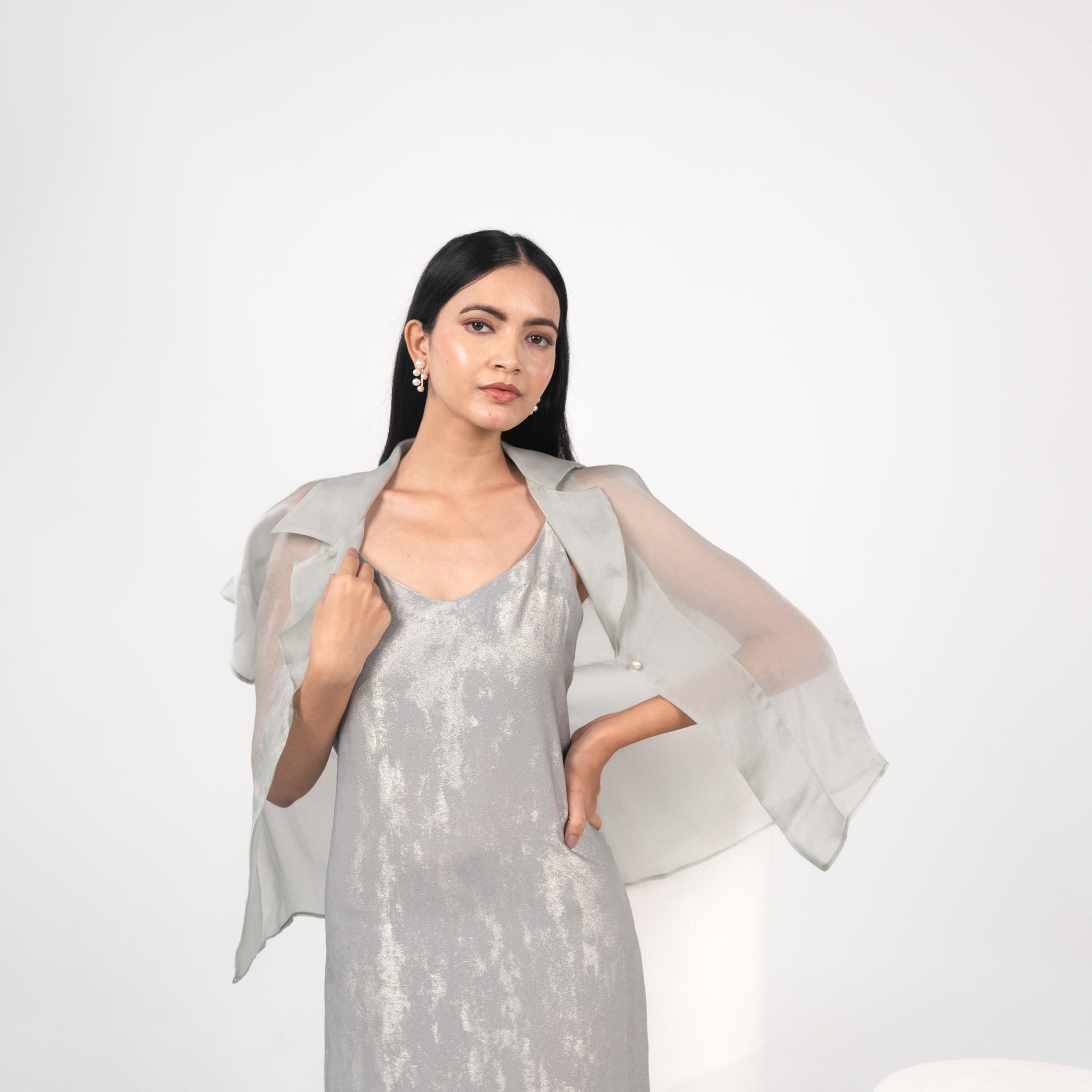 Satin Organza Overshirt & Foil Maxi Slip Dress