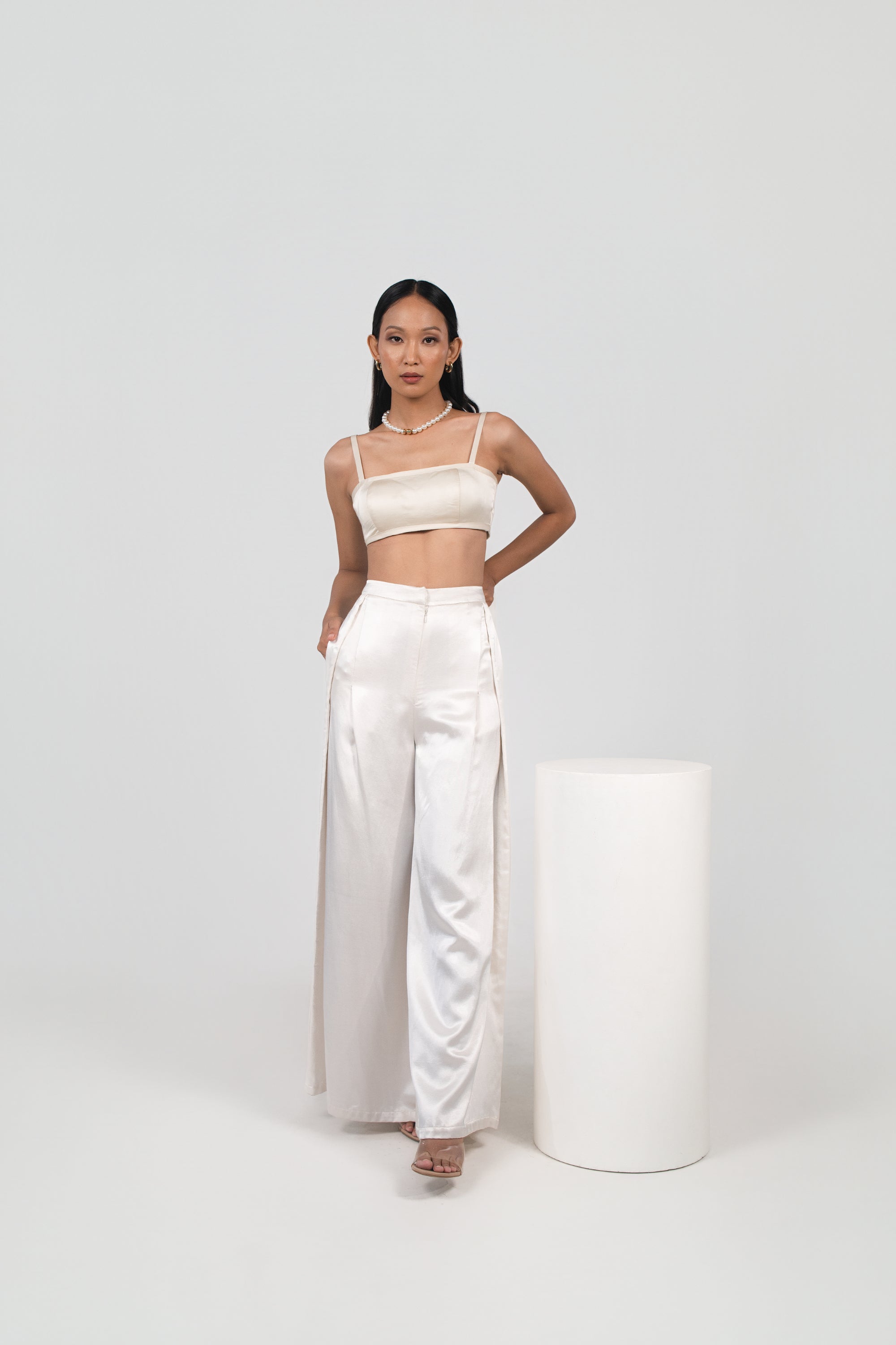 Printed Cowl Lapel Top, Banded Bralette & Stitched-down Pleated Pants