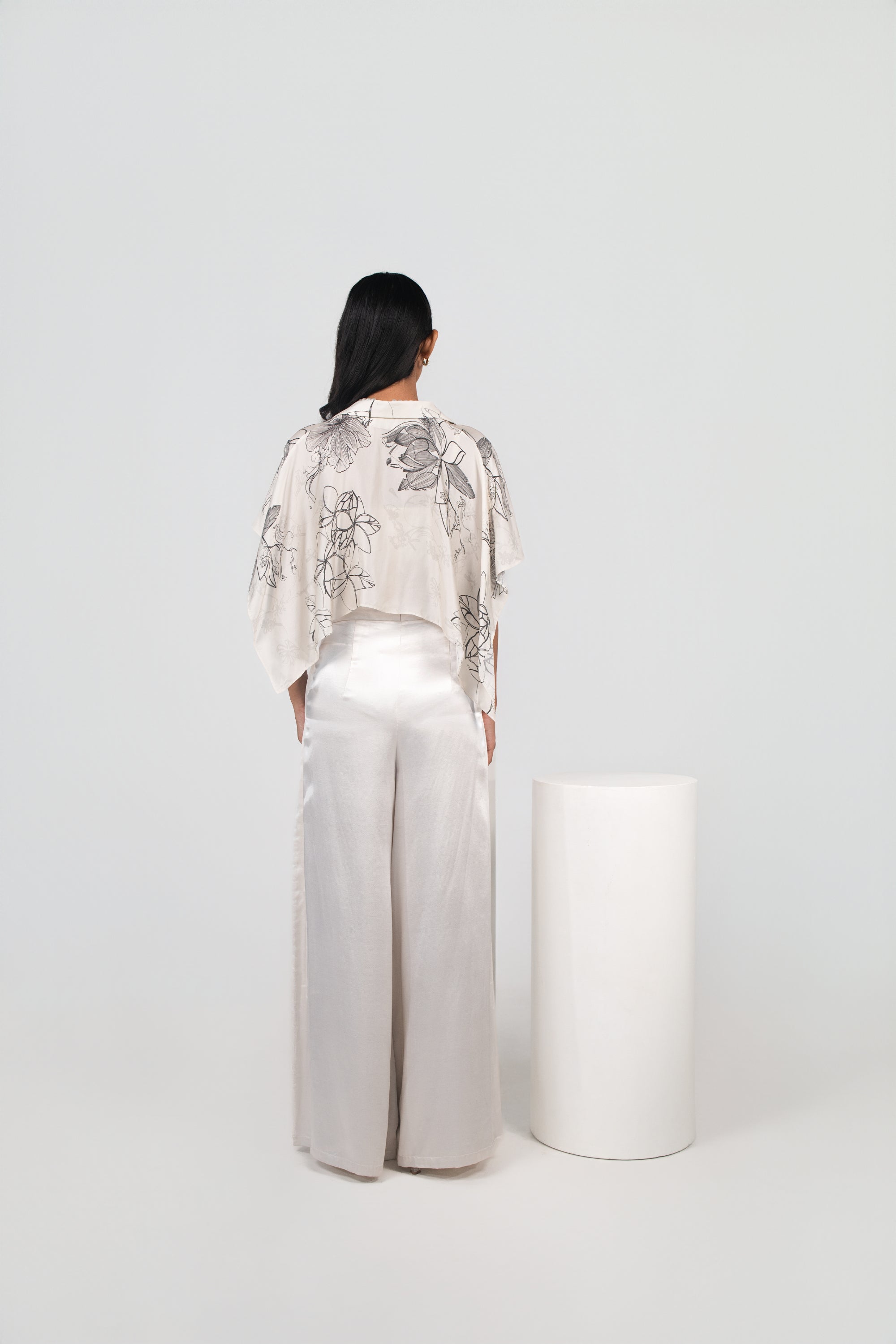 Printed Cowl Lapel Top, Banded Bralette & Stitched-down Pleated Pants