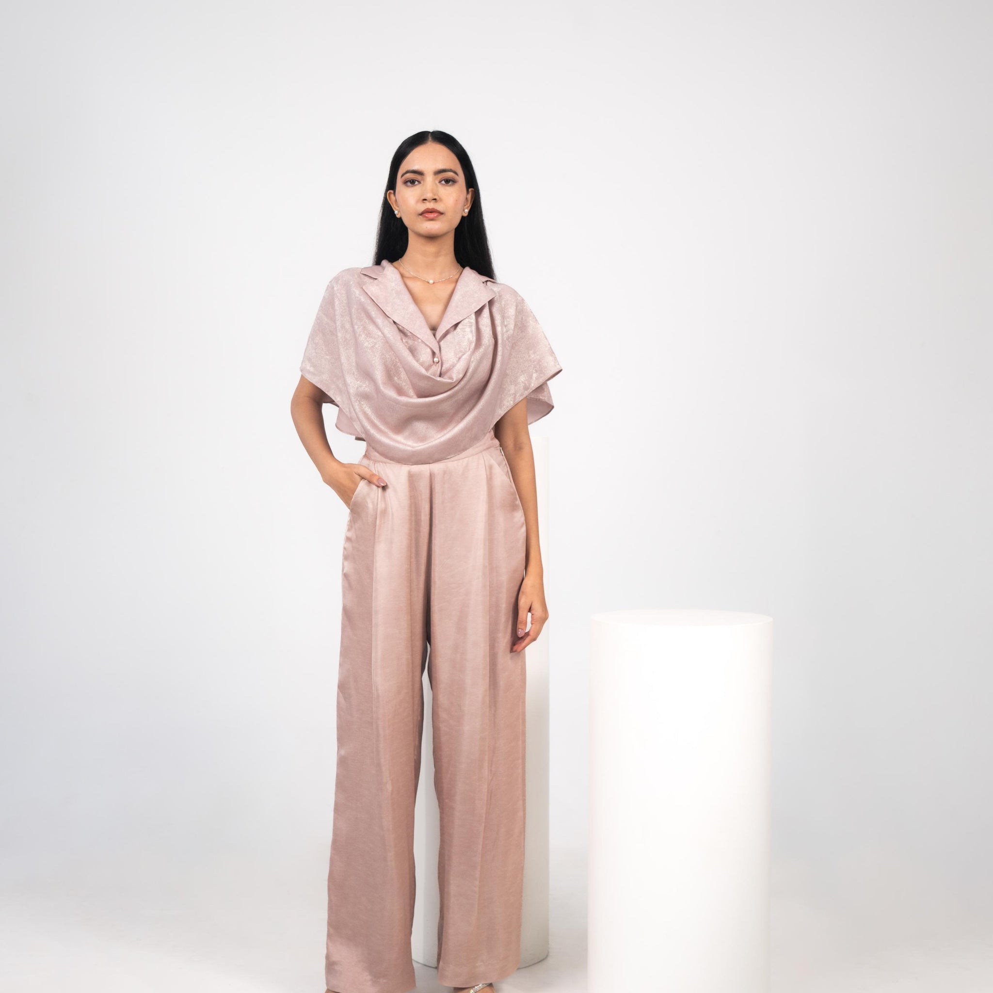 Foil Cowl Lapel Top, Tissue Bralette & Airy Pleated Pants