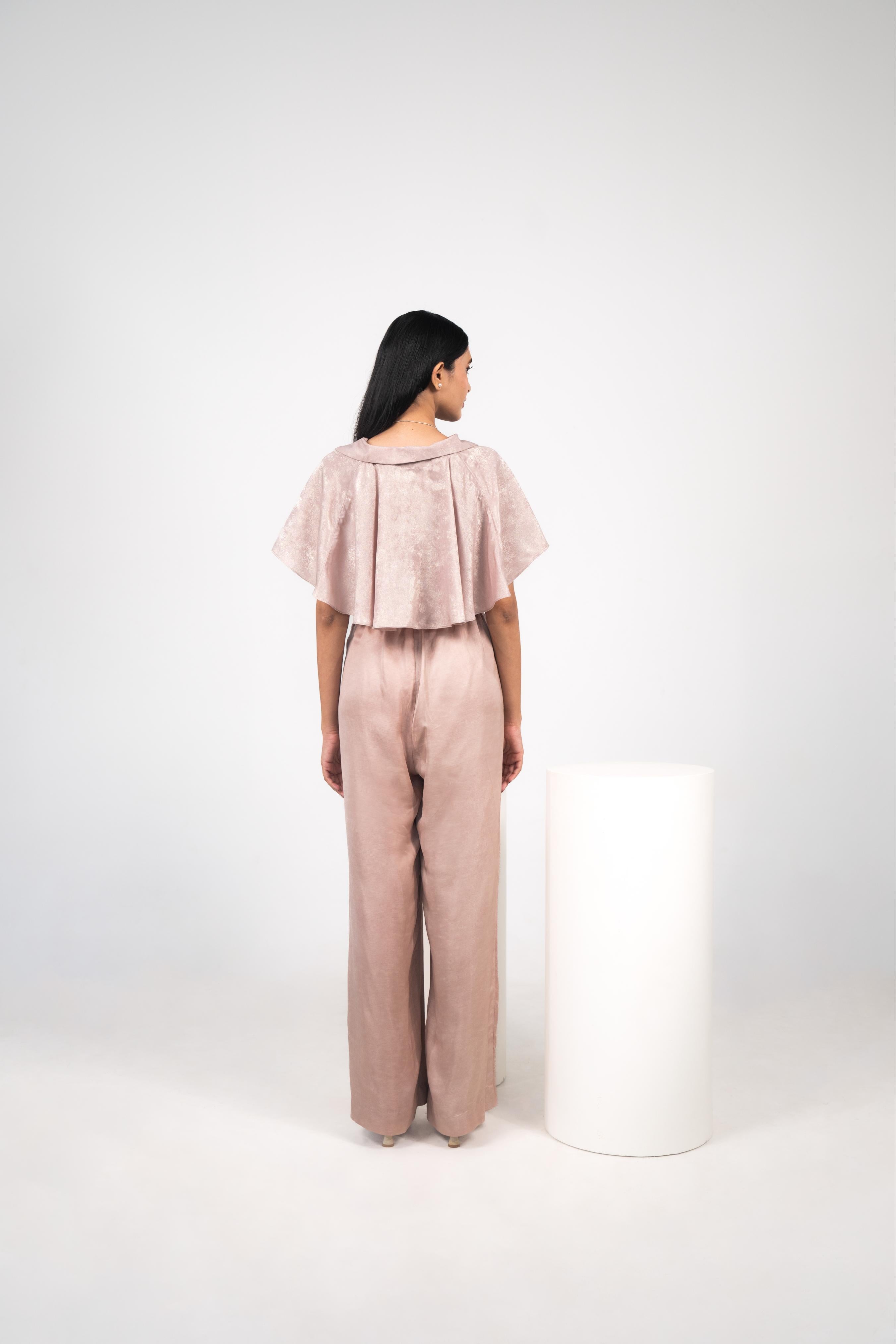Foil Cowl Lapel Top, Tissue Bralette & Airy Pleated Pants