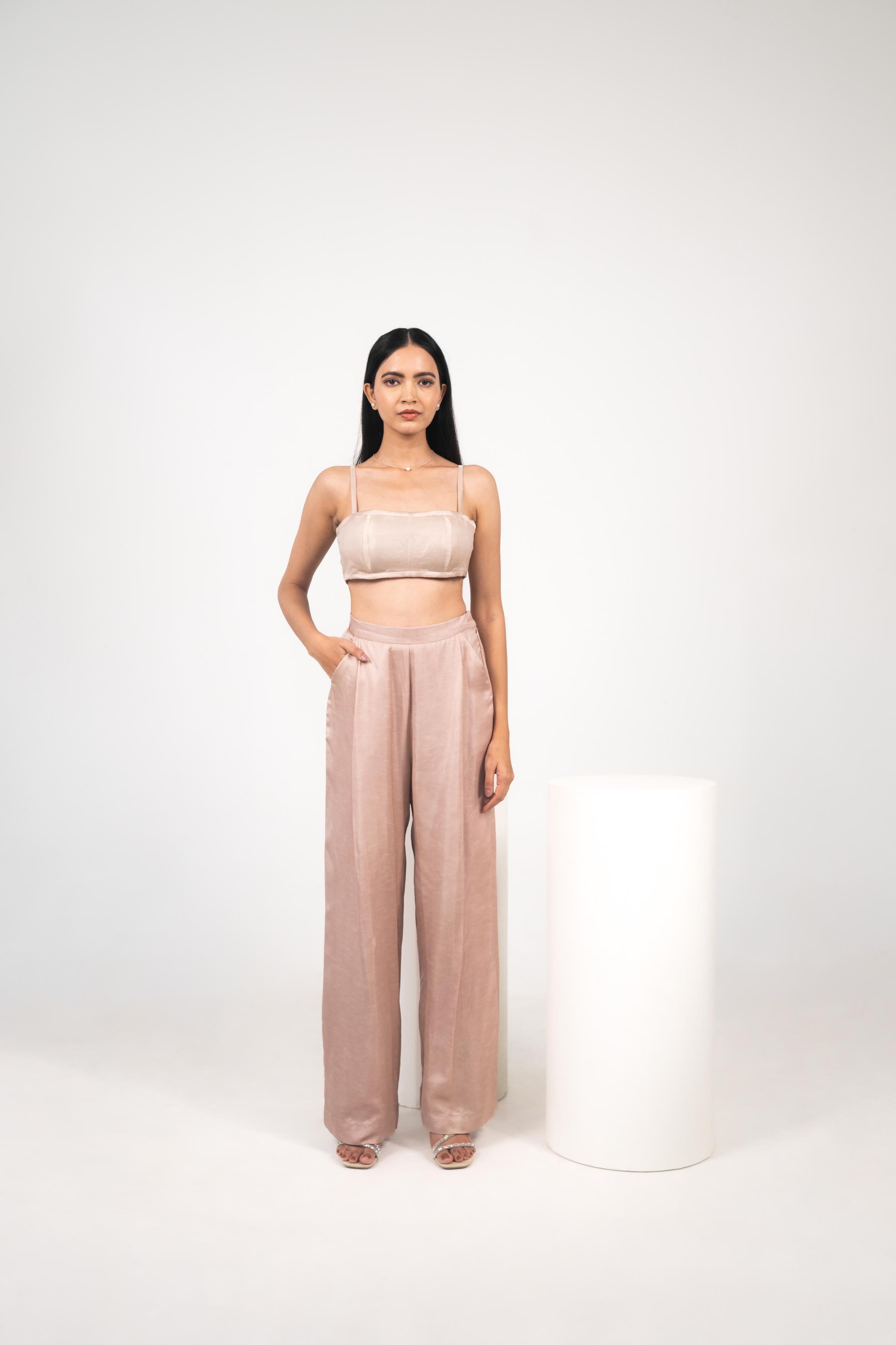 Foil Cowl Lapel Top, Tissue Bralette & Airy Pleated Pants