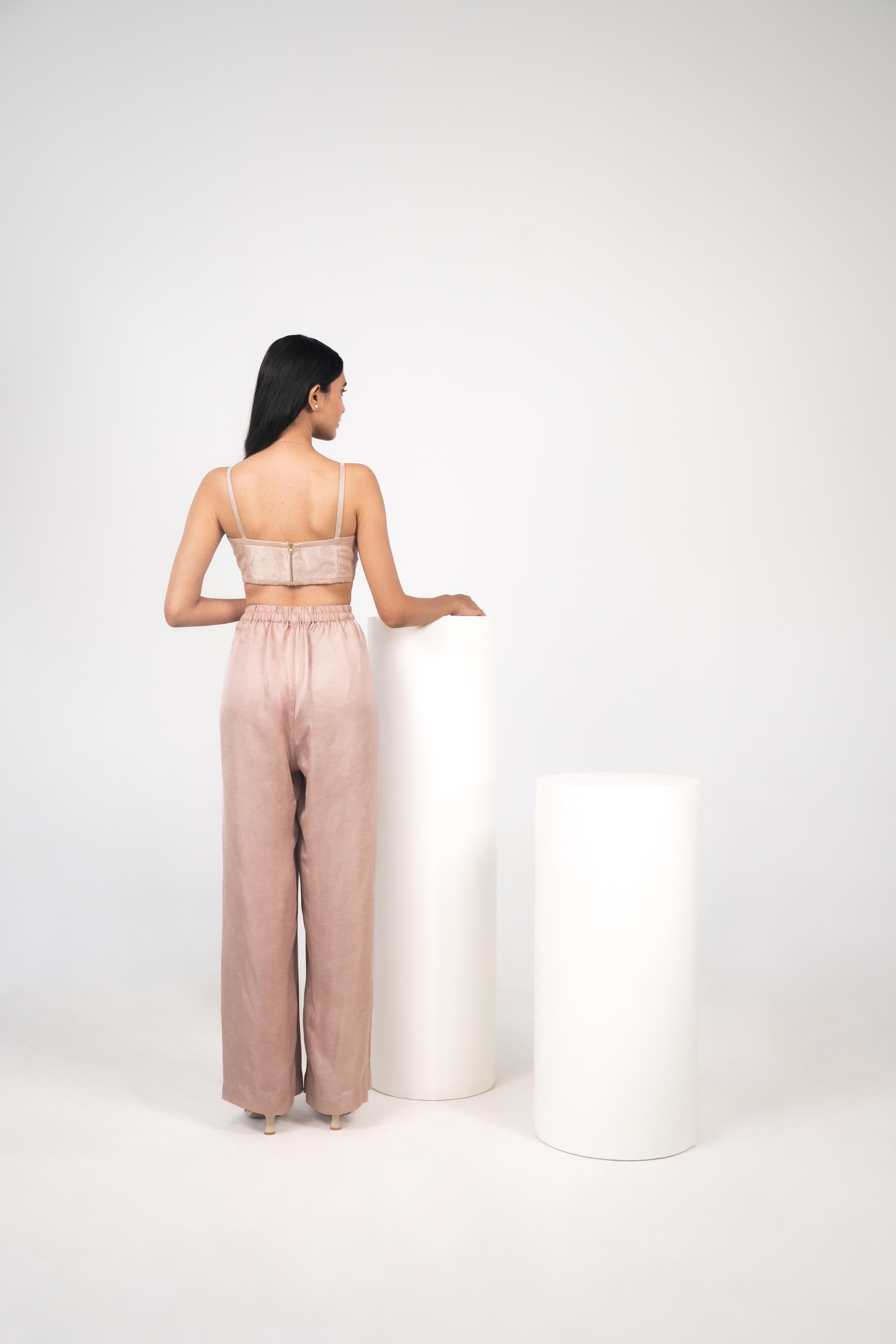 Foil Cowl Lapel Top, Tissue Bralette & Airy Pleated Pants