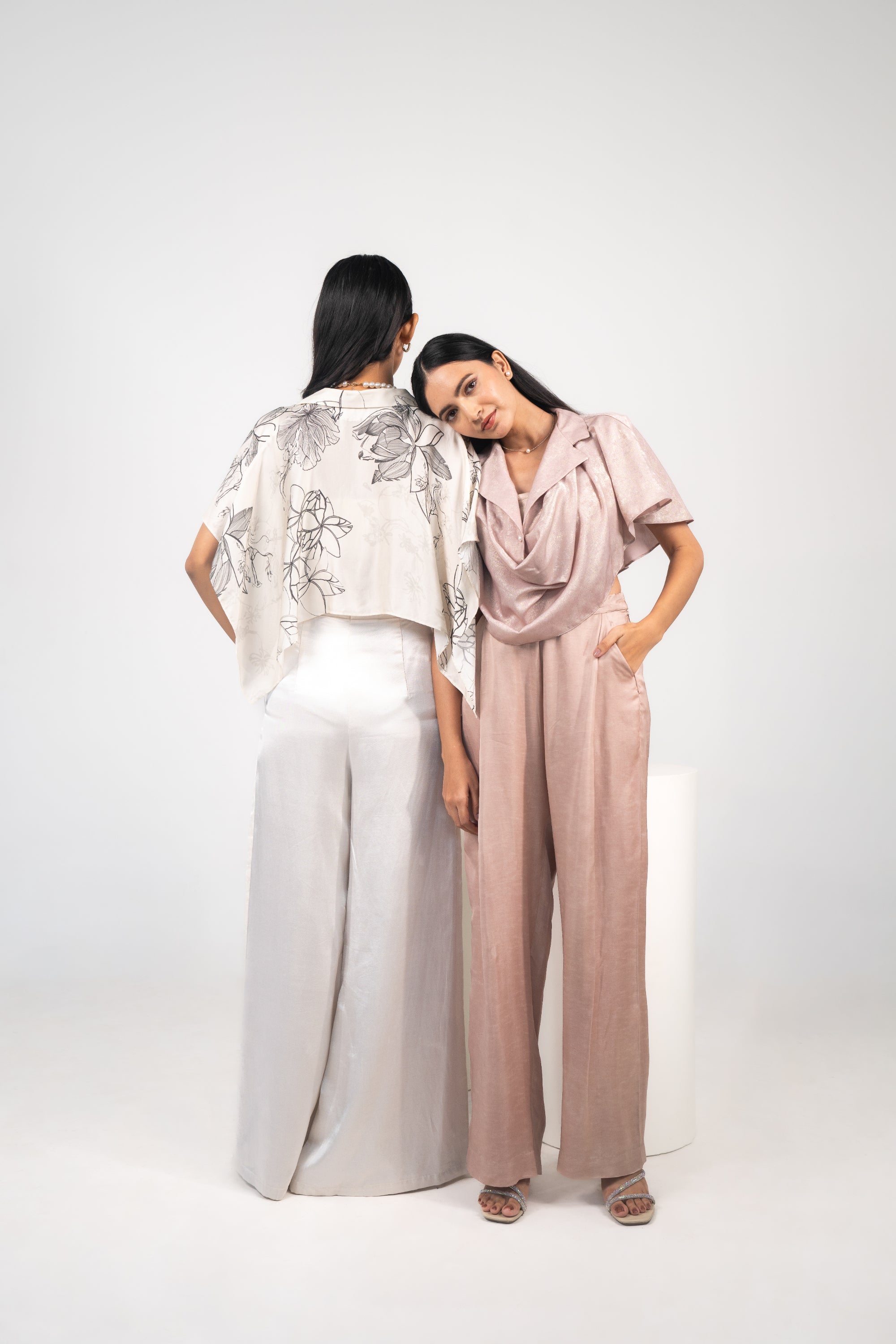 Printed Cowl Lapel Top, Banded Bralette & Stitched-down Pleated Pants