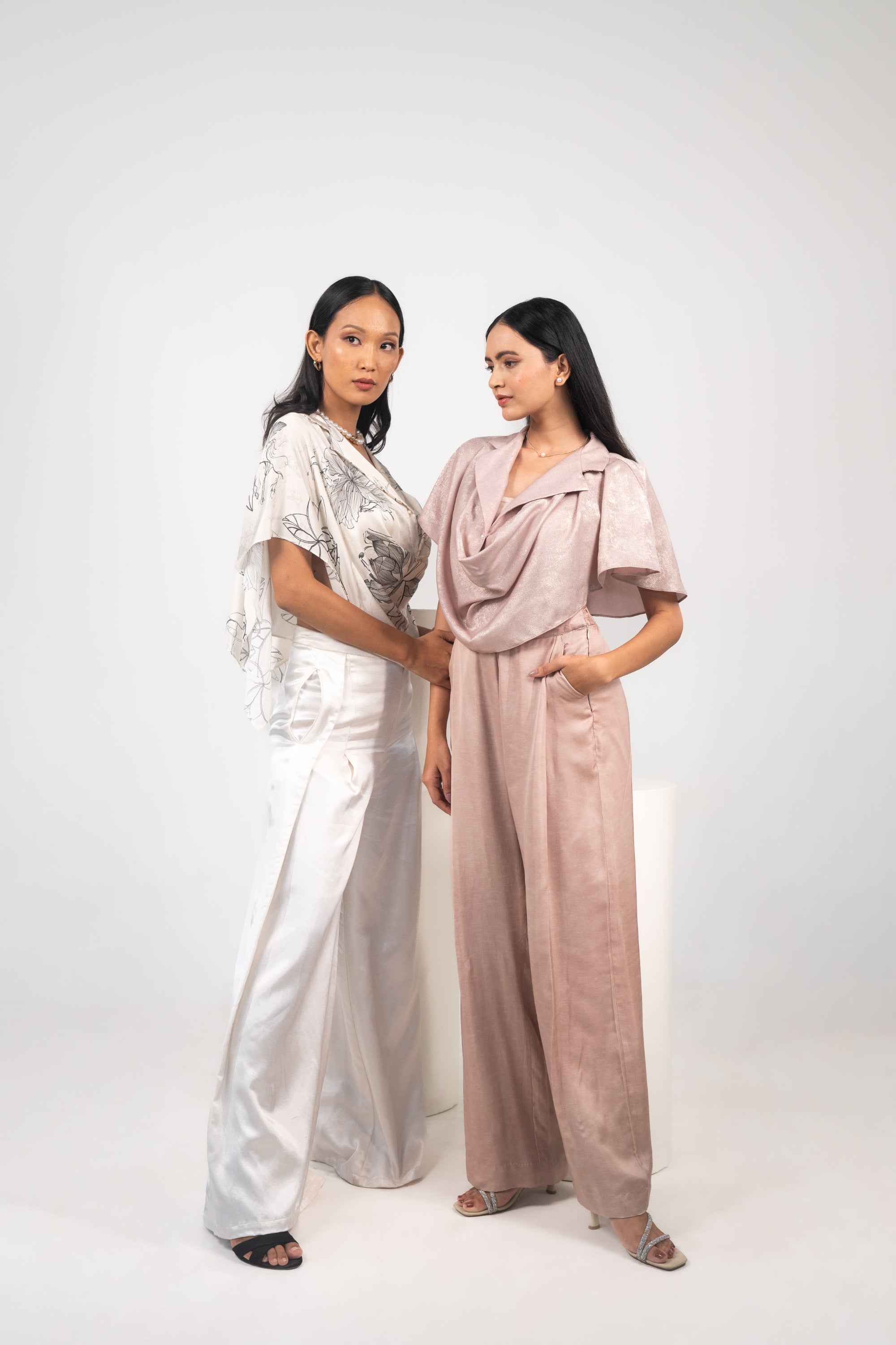Printed Cowl Lapel Top, Banded Bralette & Stitched-down Pleated Pants
