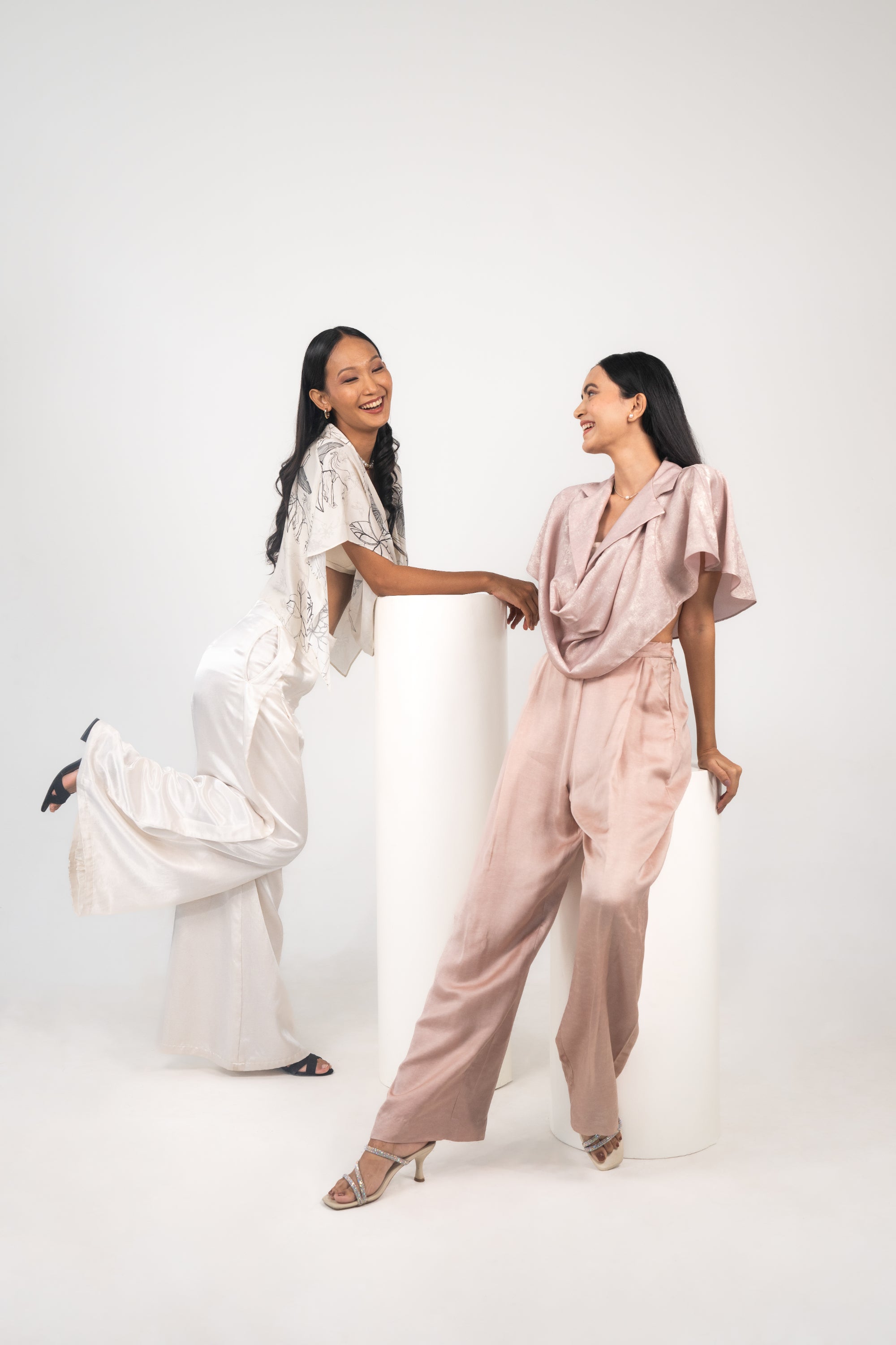 Printed Cowl Lapel Top, Banded Bralette & Stitched-down Pleated Pants
