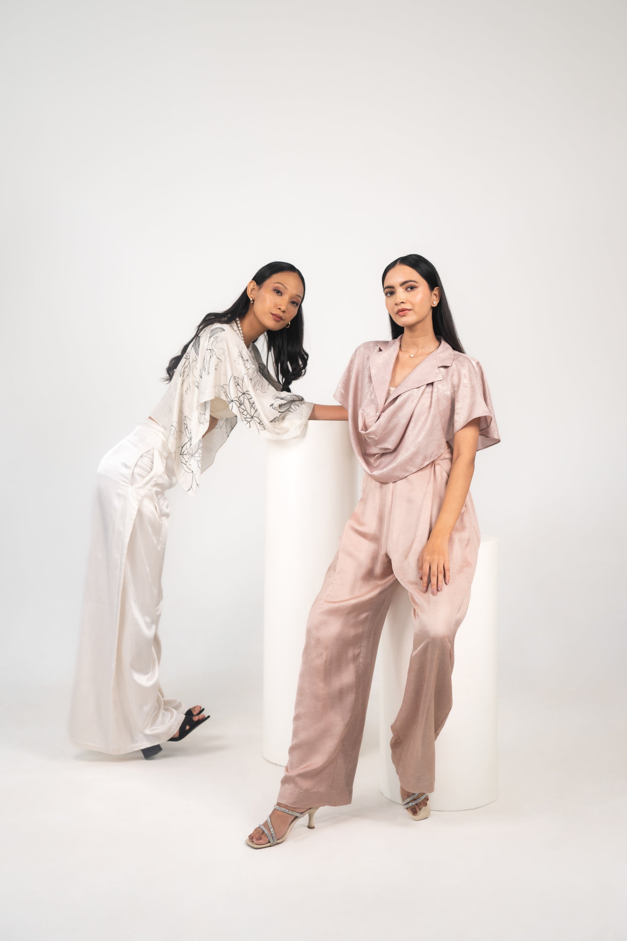 Printed Cowl Lapel Top, Banded Bralette & Stitched-down Pleated Pants